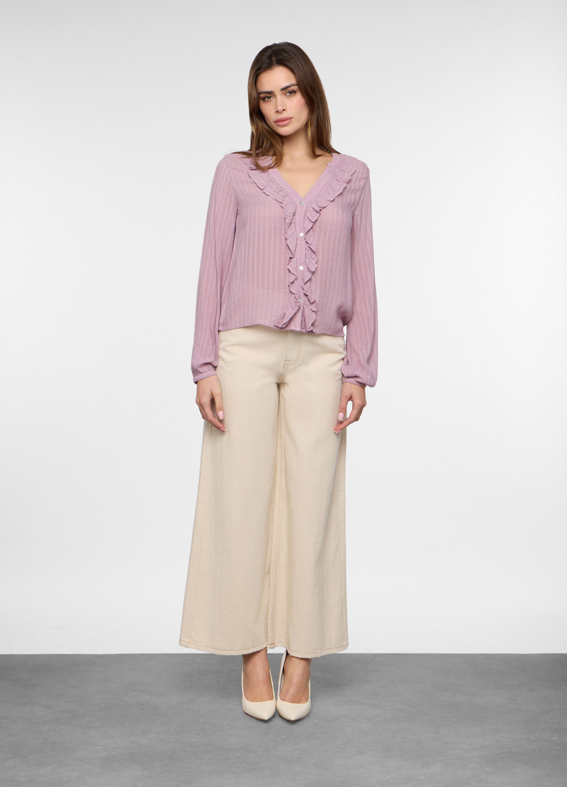 Pantaloni wide leg in denim di puro cotone donna_0