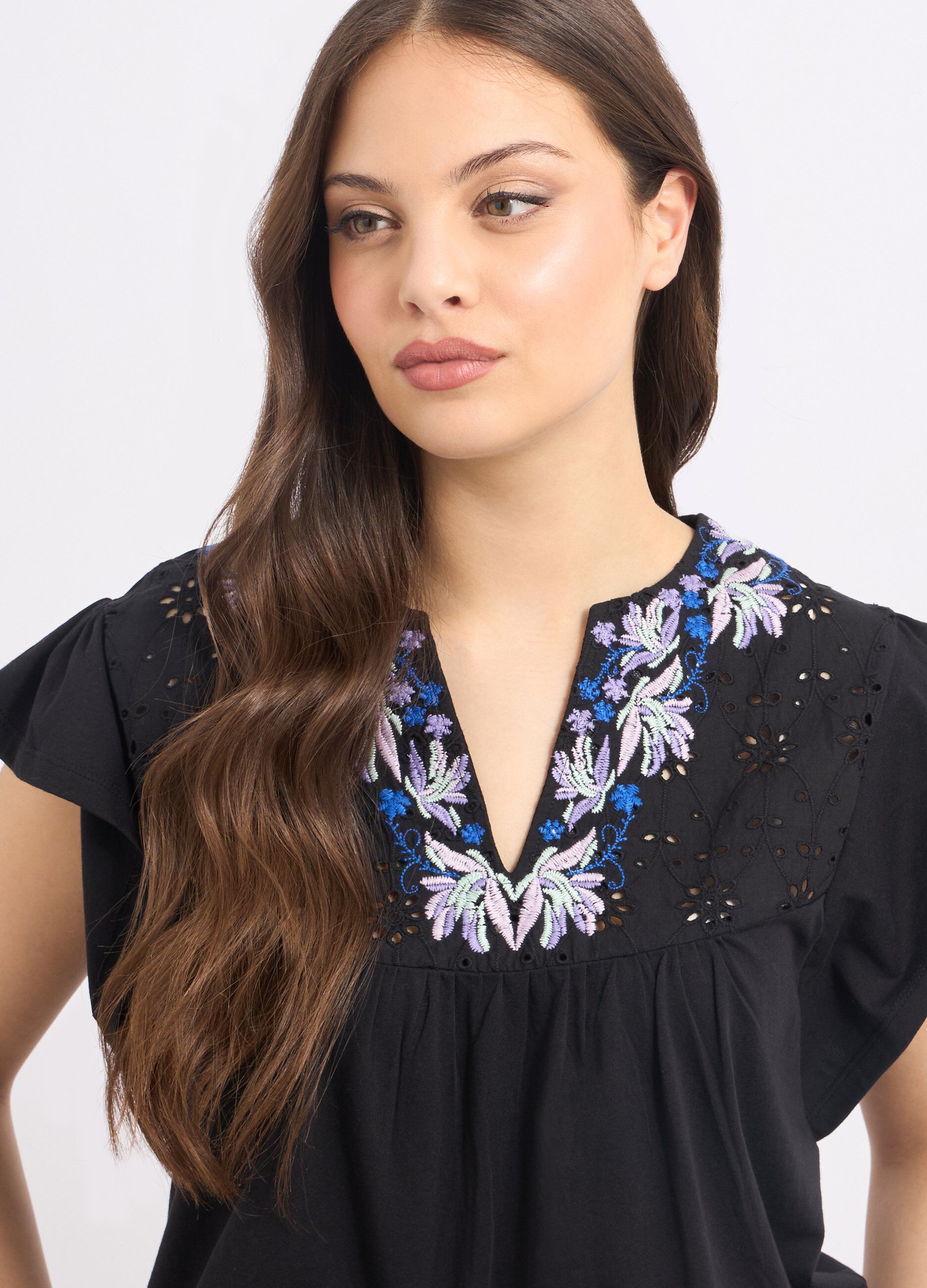 T-shirt in puro cotone con inserto in sangallo donna_2