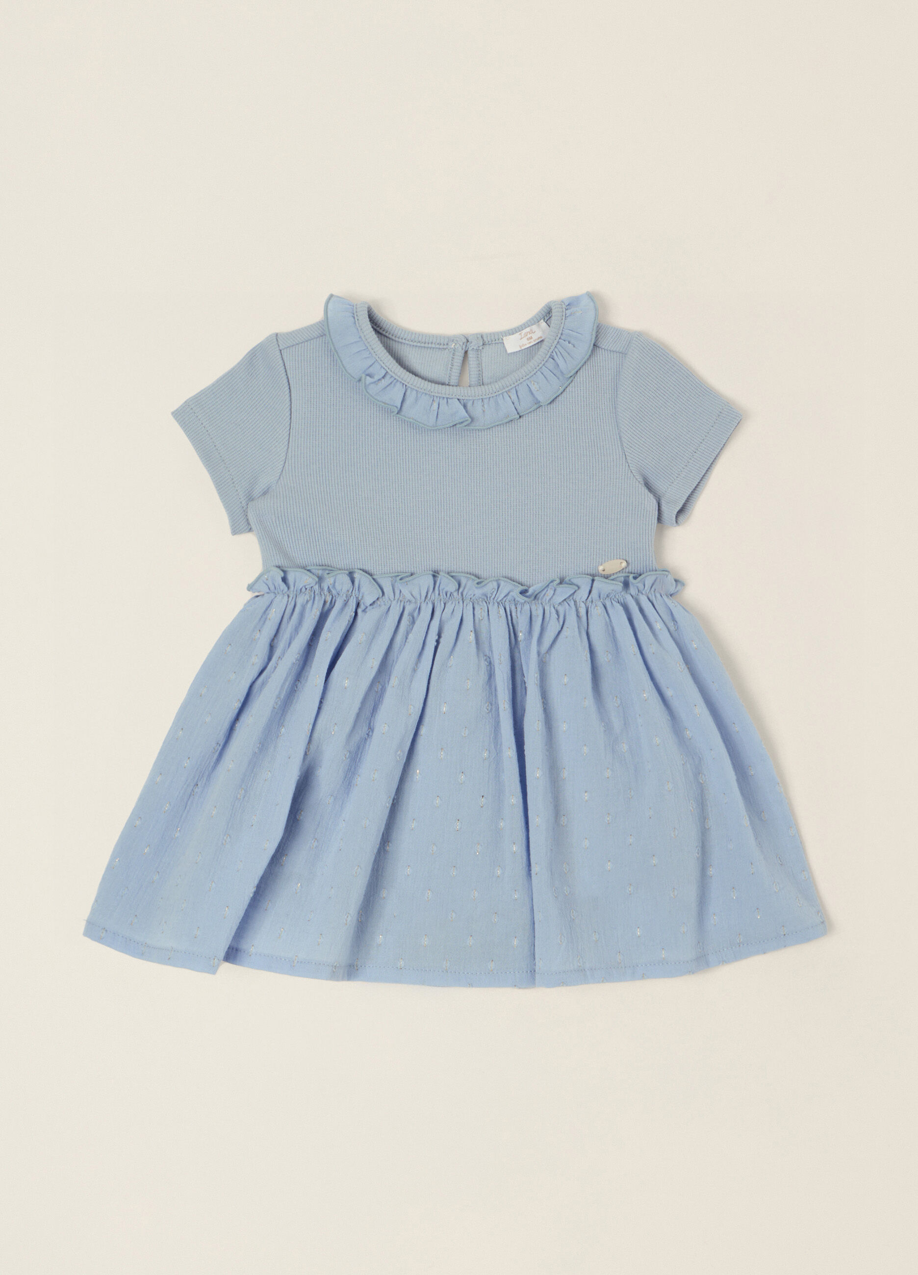Pagliaccetto azzurro con collo decorativo in cotone elasticizzato da neonata_0