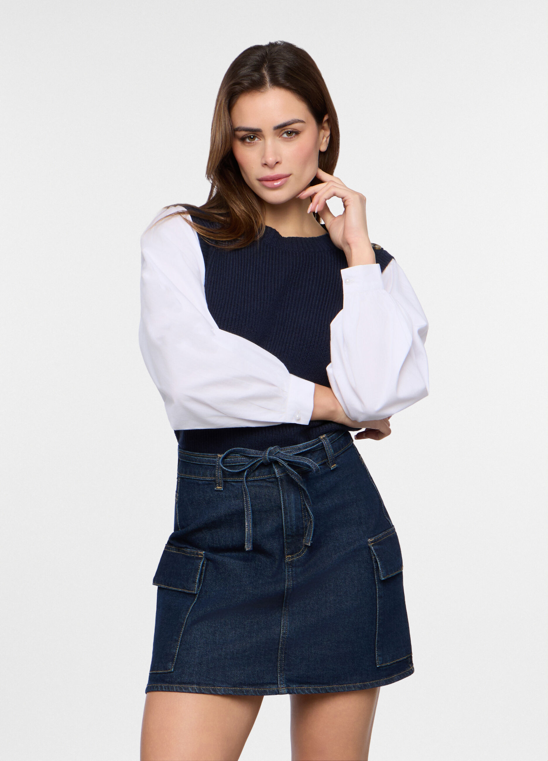 Tricot misto viscosa con inserto camicia donna_0