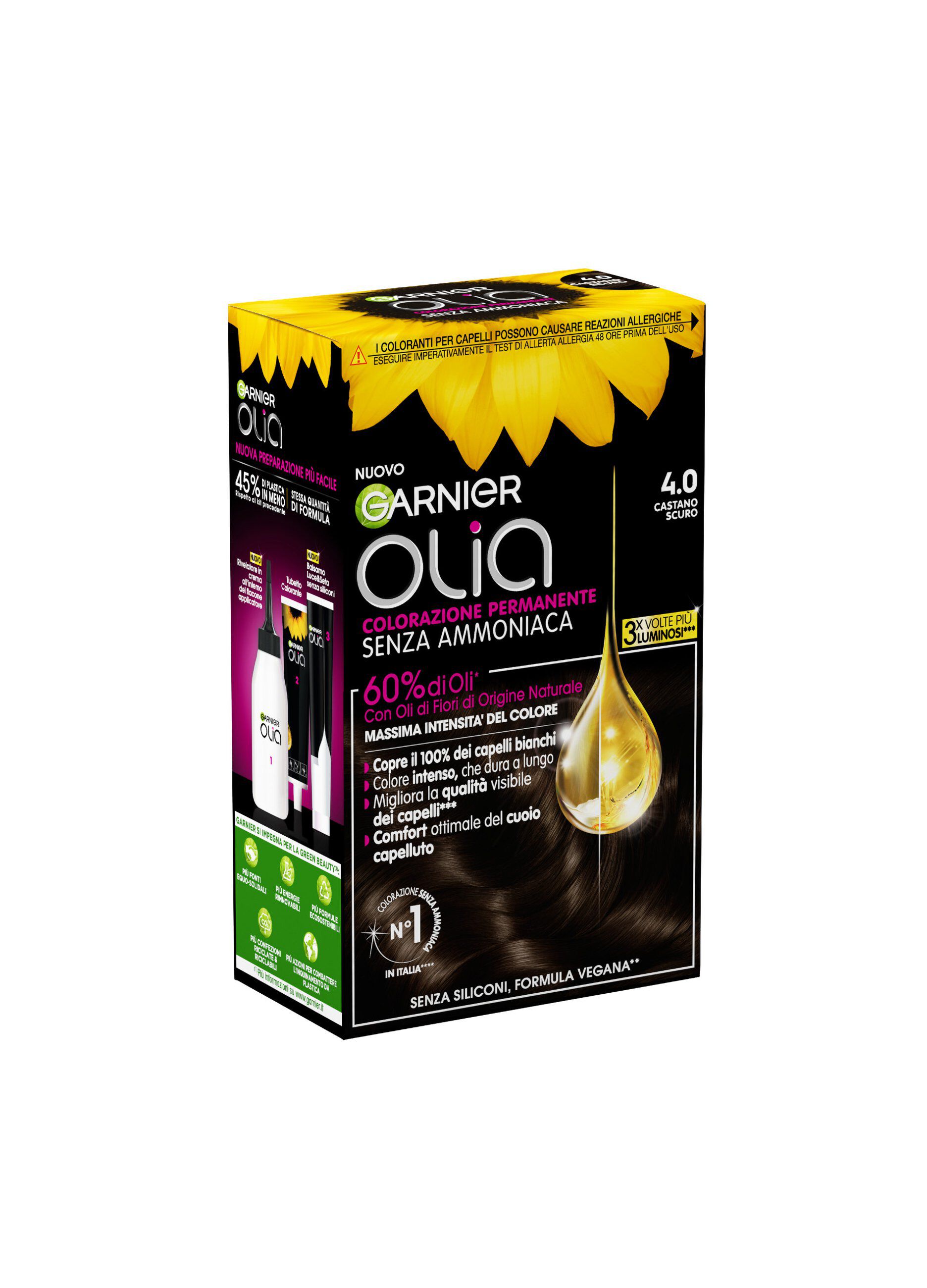 Garnier Tinta Capelli Olia, Colorazione permanente senza ammoniaca per una fragranza delicata, copre il 100% dei capelli bianchi, Con oli di fiori di origine naturale, Castano Scuro (4.0).