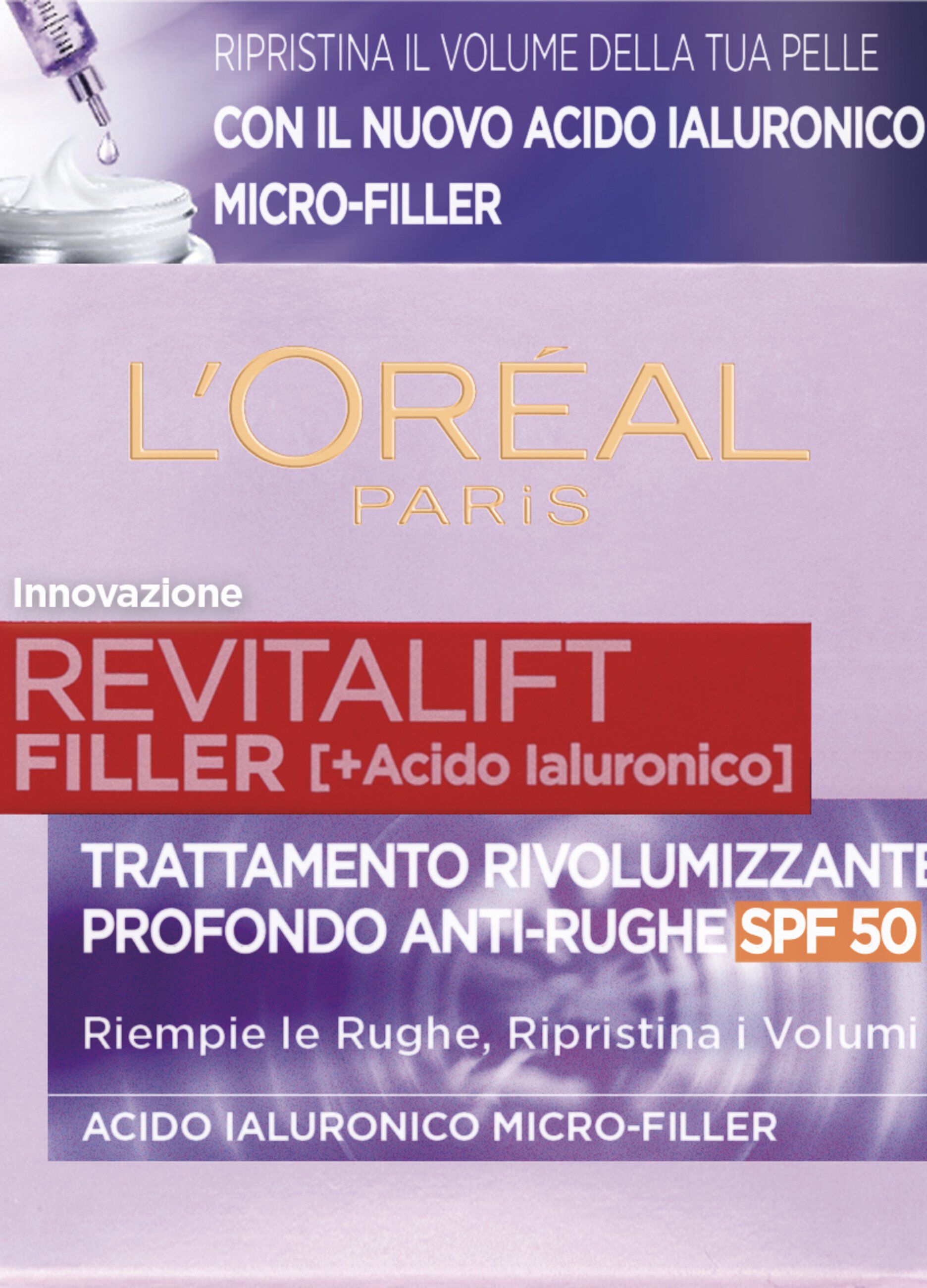 L'Oréal Paris Crema Viso Giorno Revitalift Filler, Azione Antirughe Rivolumizzante con Acido Ialuronico Micro-filler, SPF 50, 50 ml.