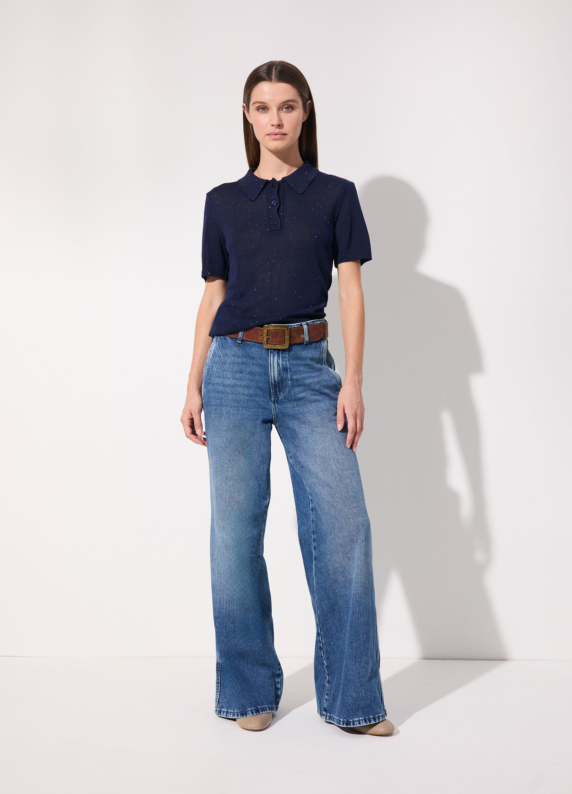 Polo in tricot a maniche corte con paillettes donna_0