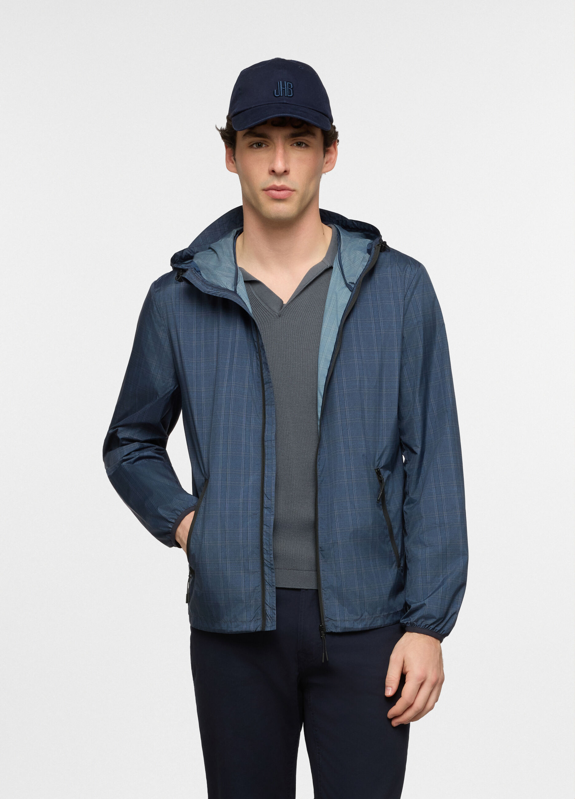 Giacca a vento con cappuccio e motivo tartan uomo