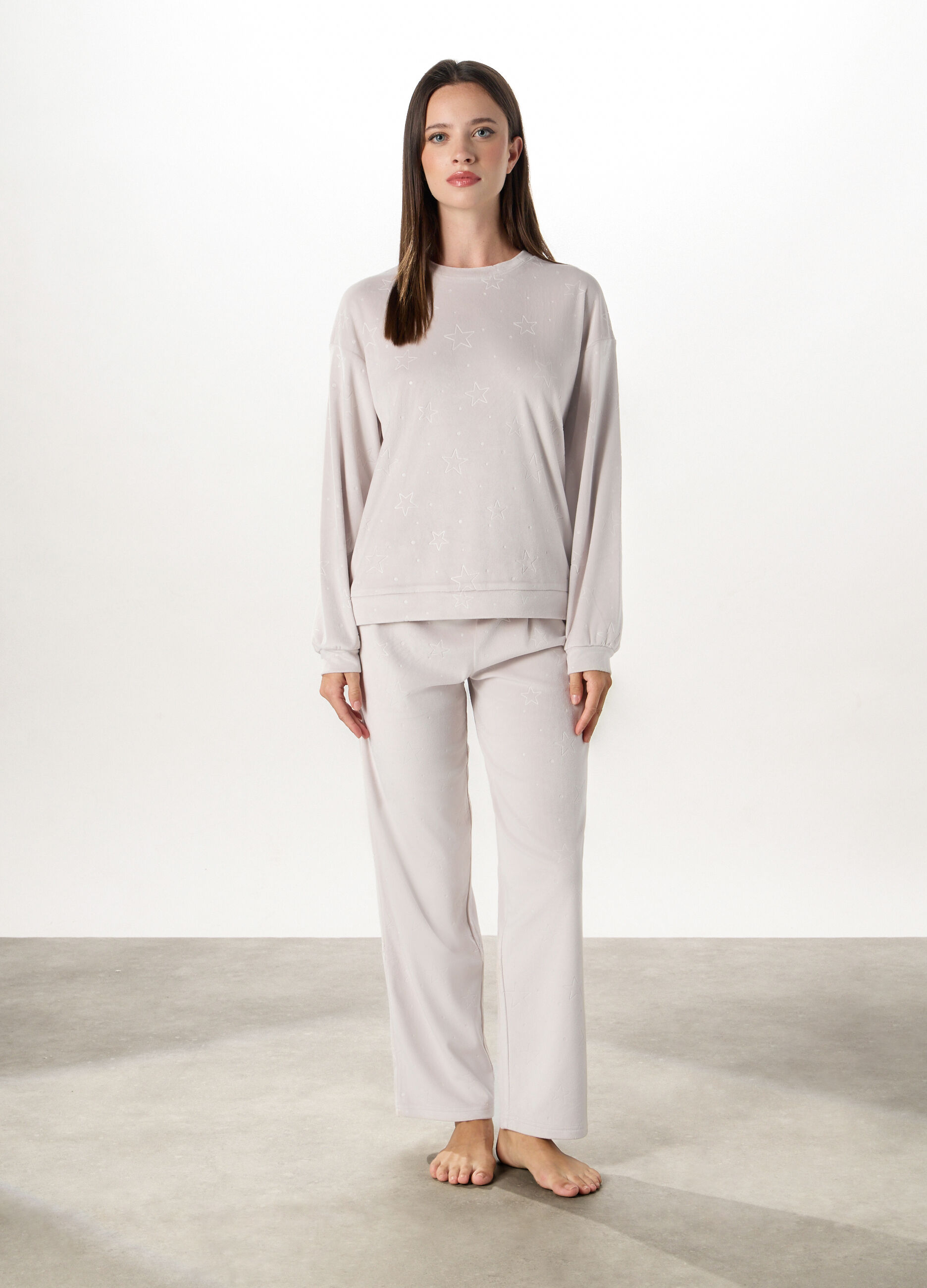 Pantaloni pigiama in velours con motivo in rilievo donna_0