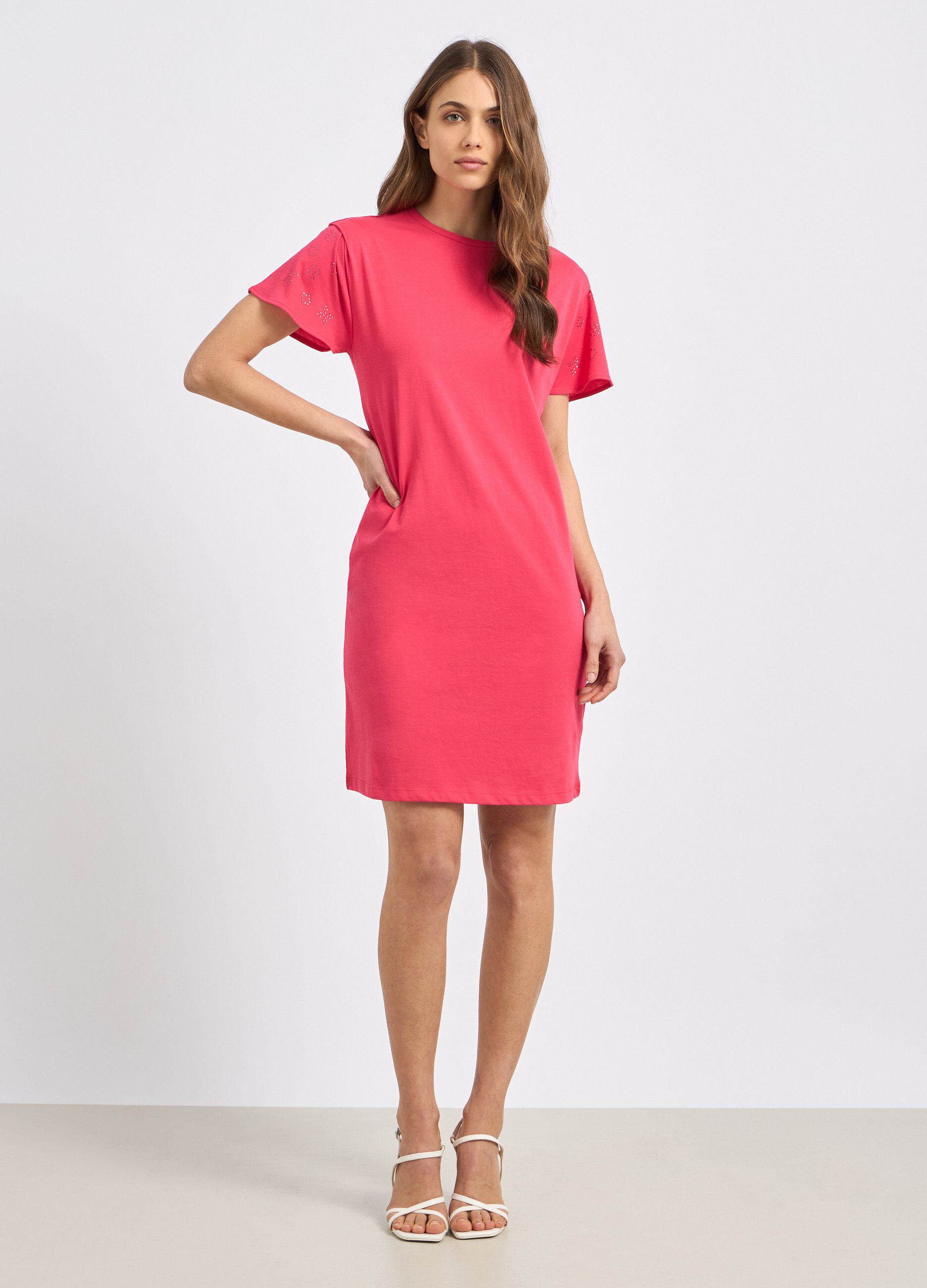Vestito corto in puro cotone con strass donna_0