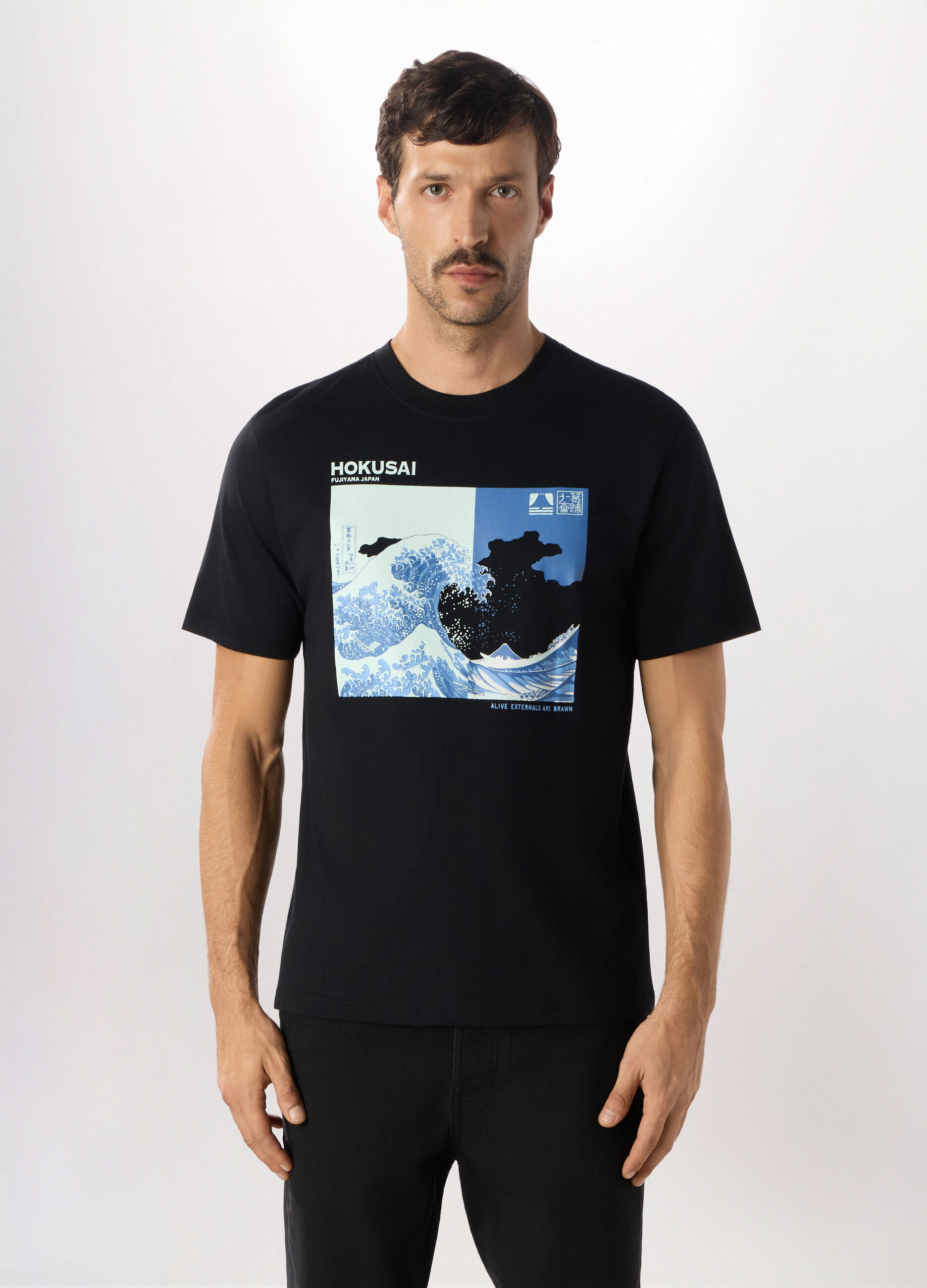 T-shirt girocollo con stampa Hokusai Katsushika in cotone uomo_0