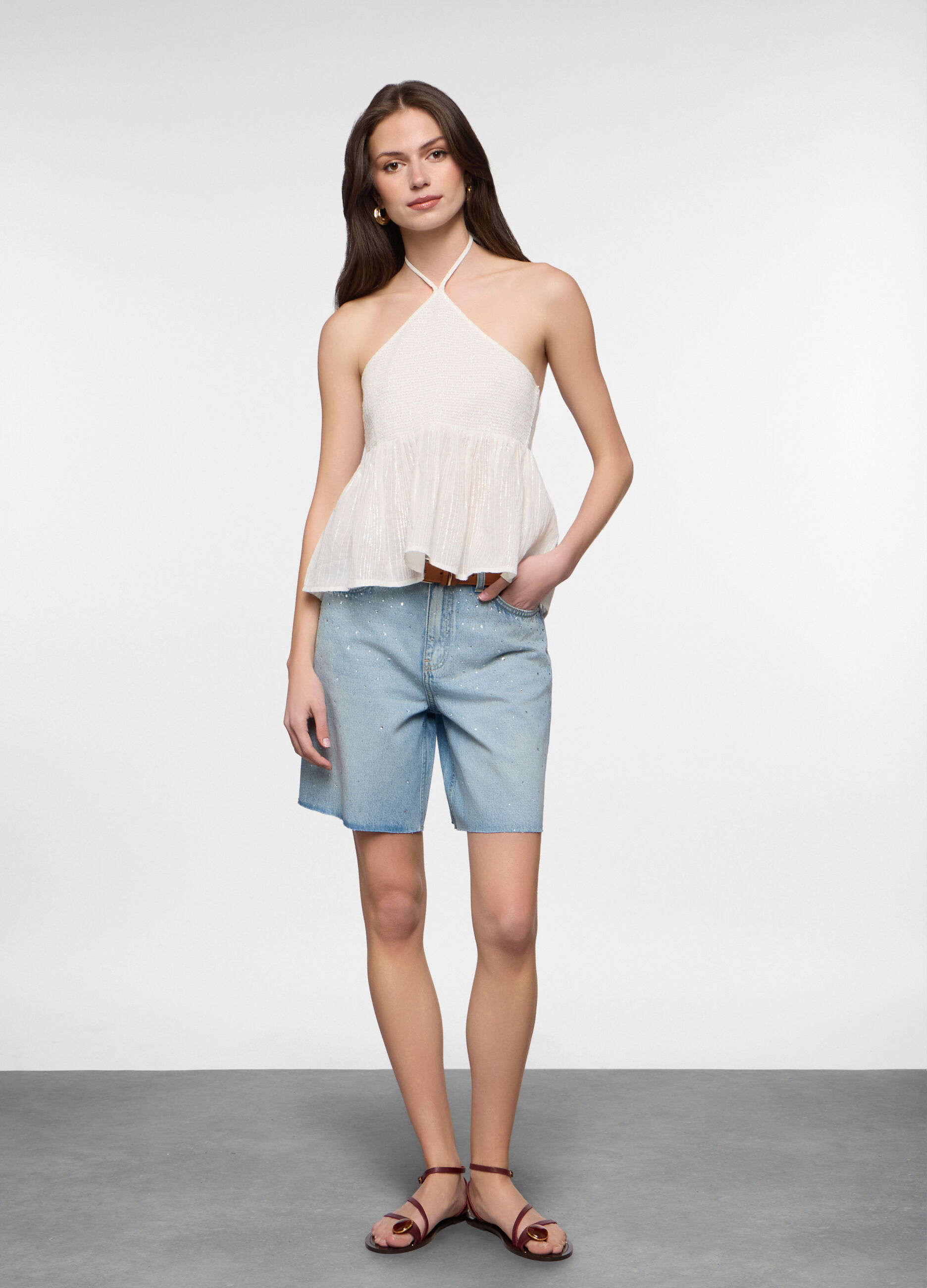 Shorts fit straight in denim misto cotone donna