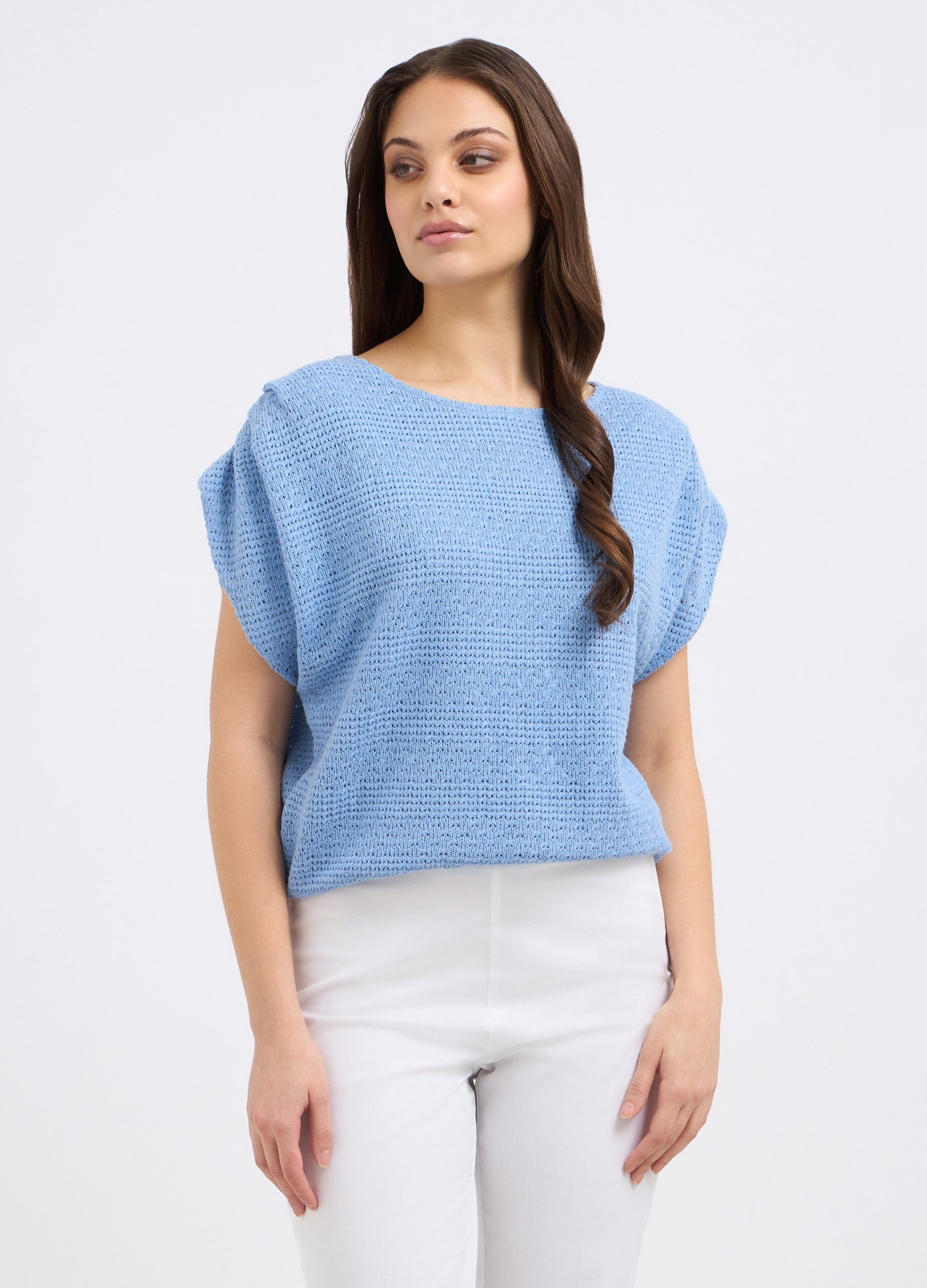 T-shirt in tricot con maniche arricciate donna_0