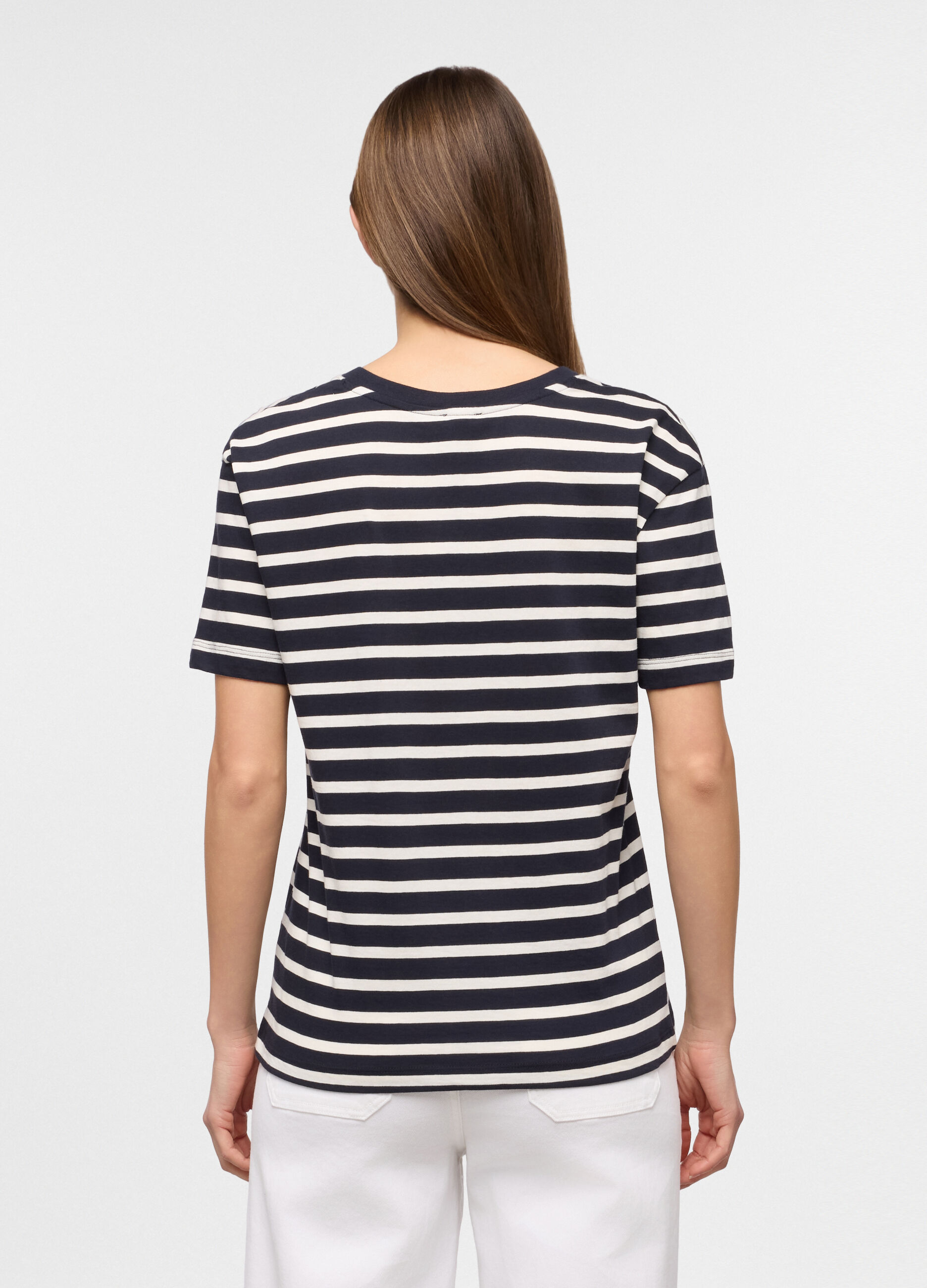 T-shirt con scollo V in puro cotone rigato donna_1