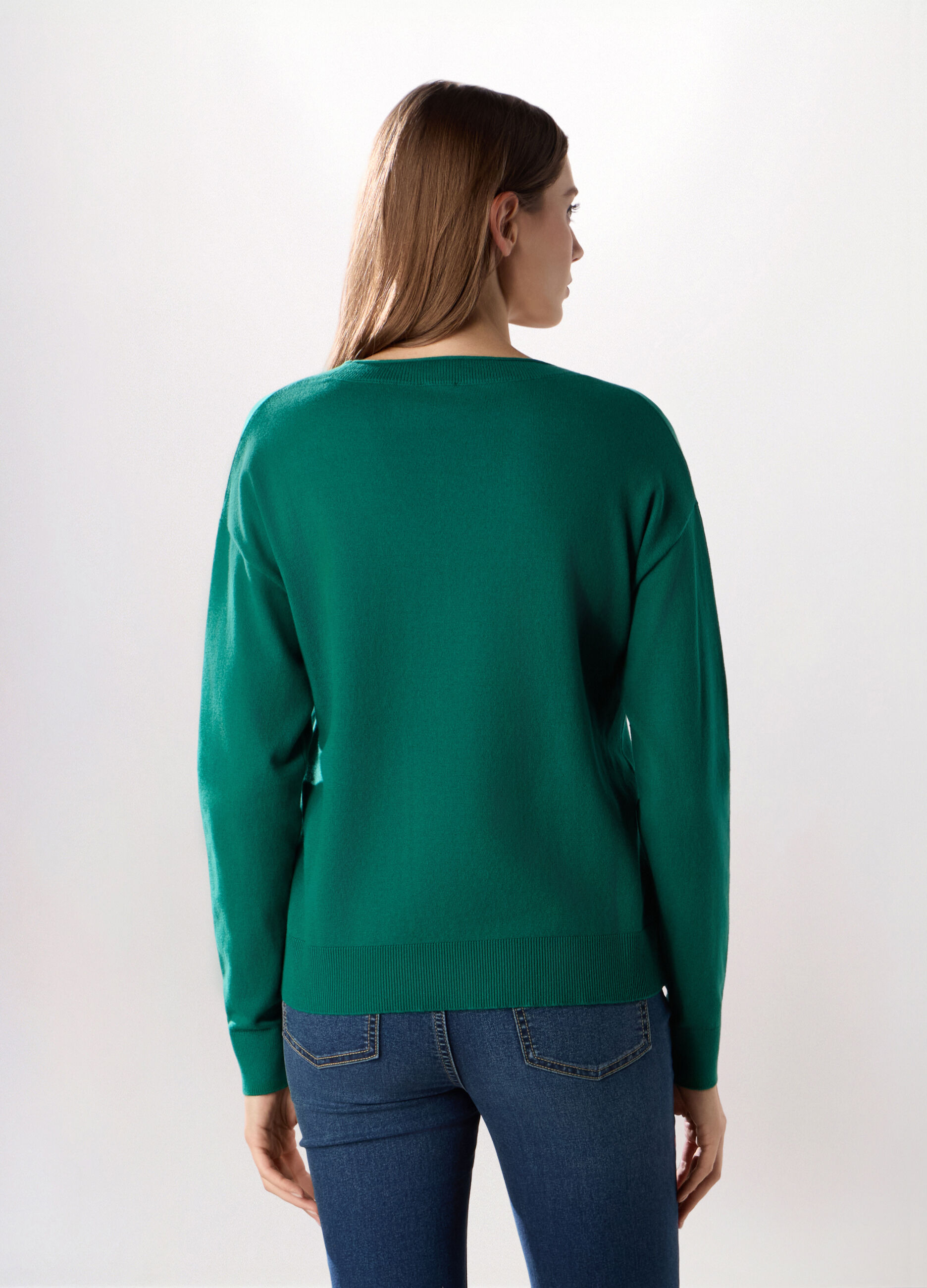 Pullover con scollo a V in misto cotone donna_1
