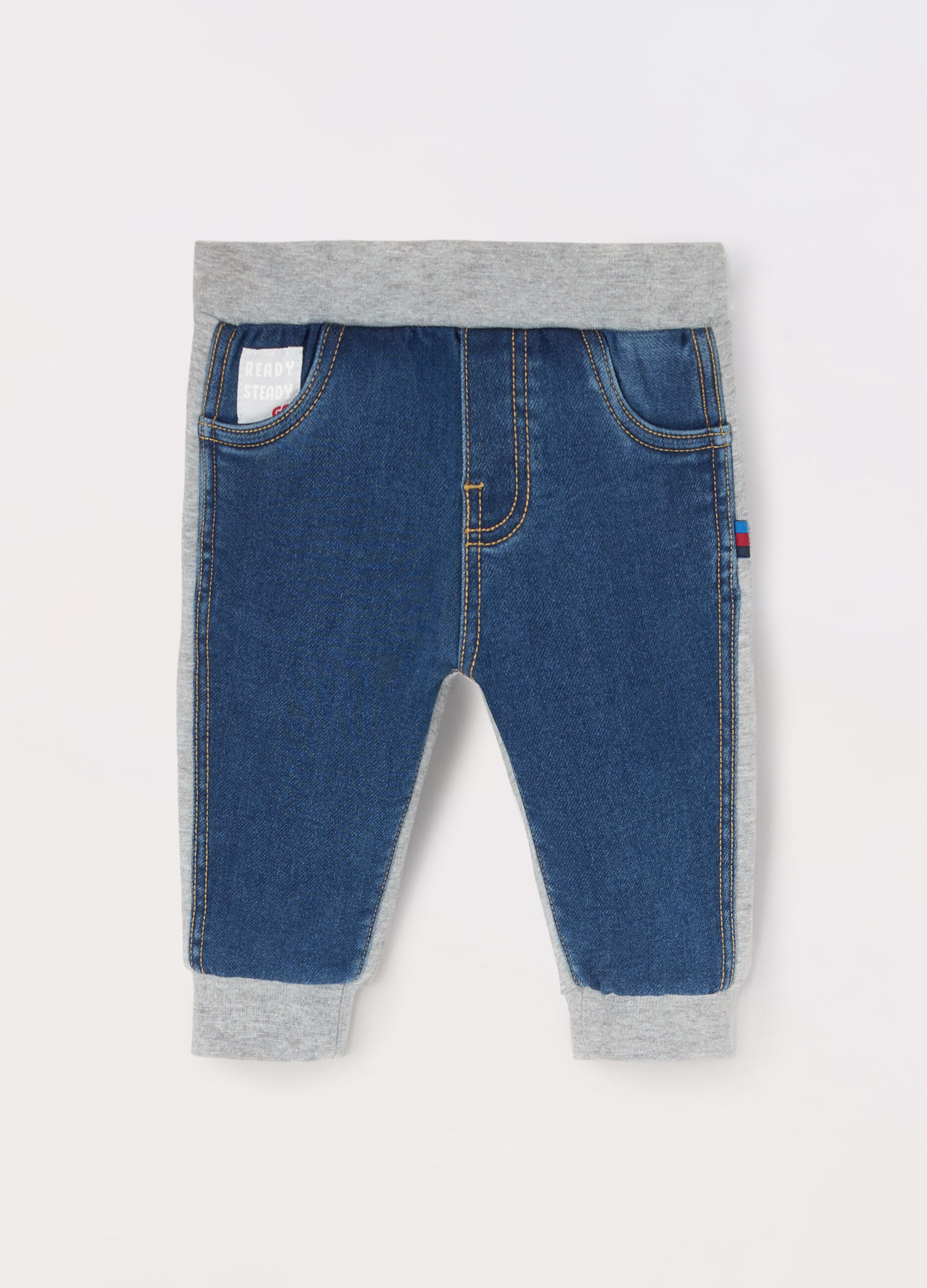 Pantaloni in french terry denim di misto cotone neonato_0
