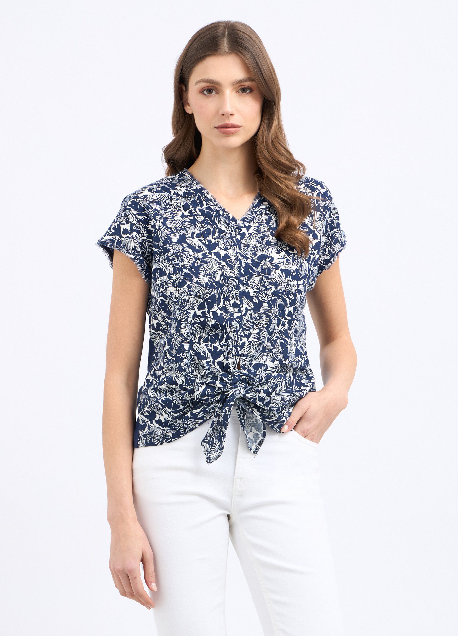 T-shirt in misto lino con stampa donna_0