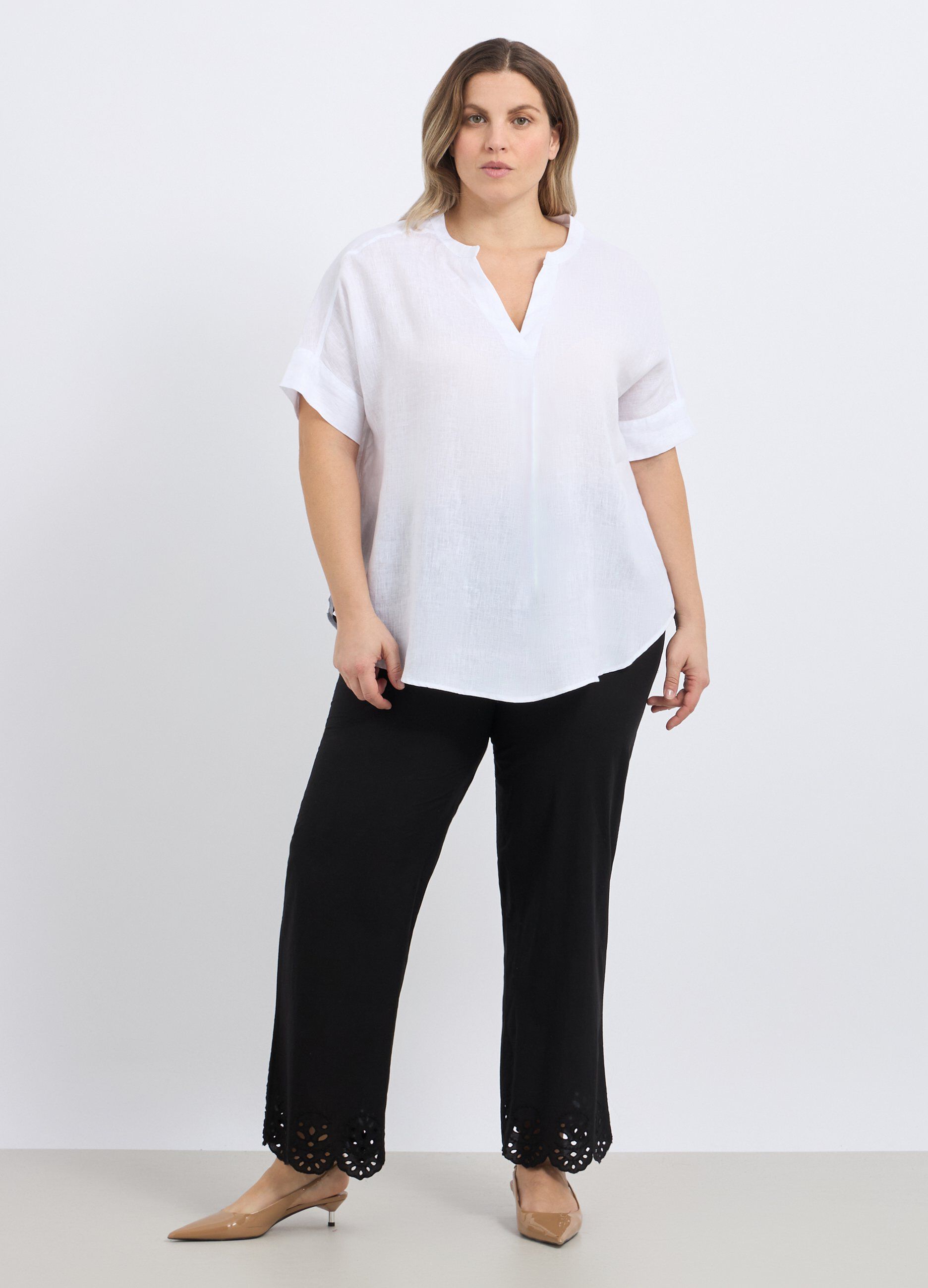 Pantaloni in puro cotone con ricamo donna curvy_0