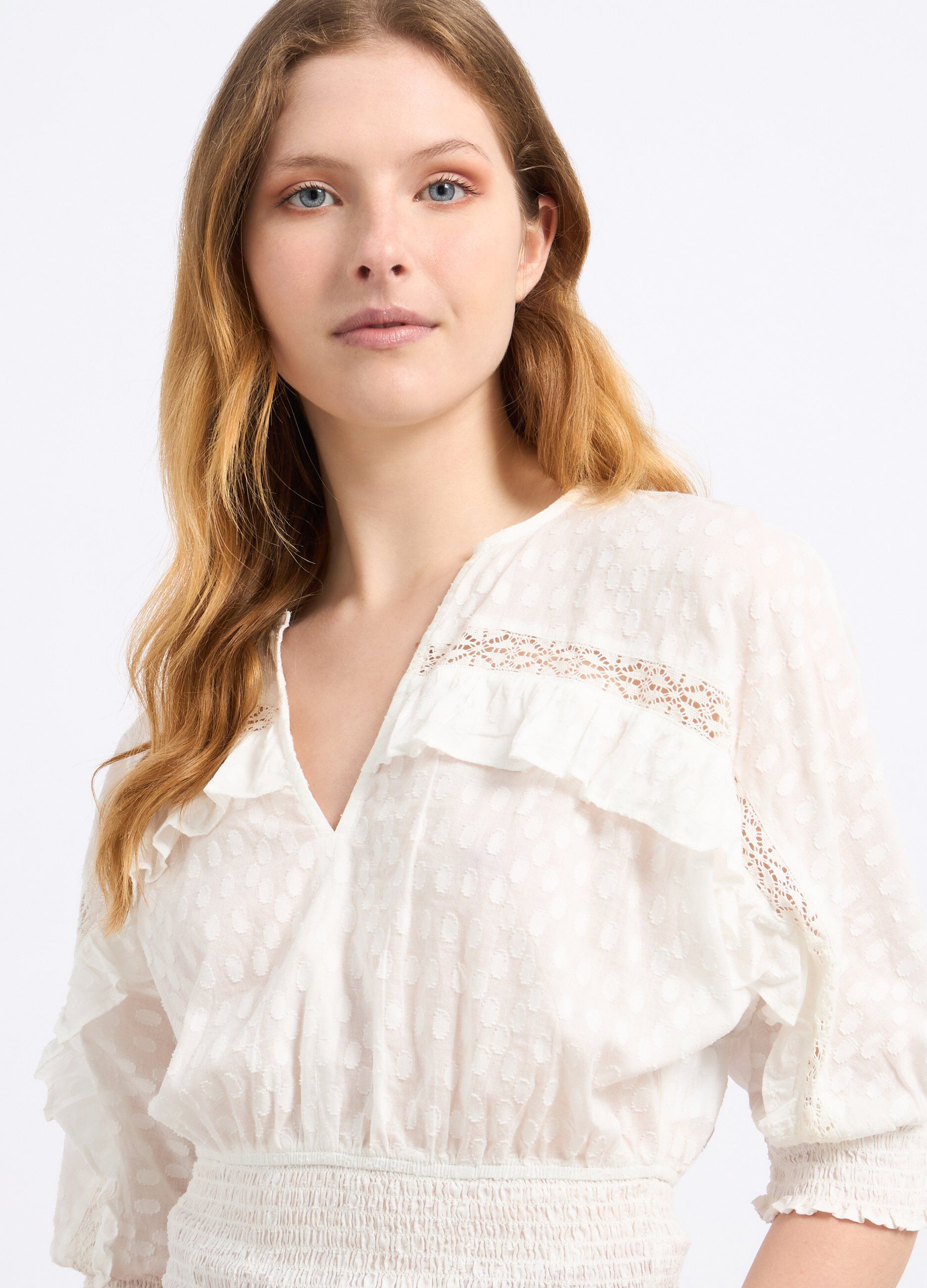 Blusa cropped in puro cotone con lavorazione jacquard donna_2