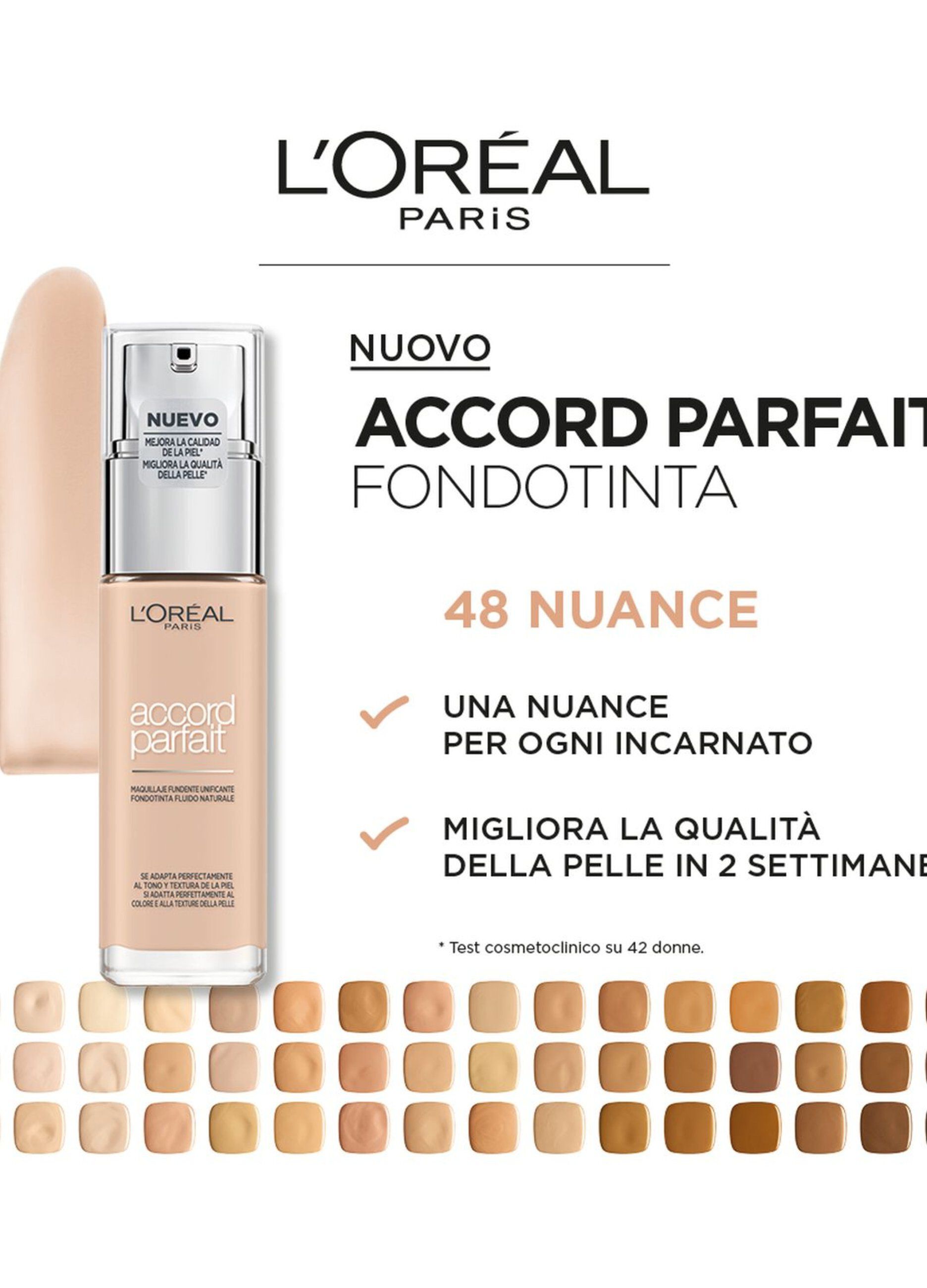 L'Oréal Paris MakeUp Fondotinta  Accord Parfait, Effetto Naturale, Arricchito con Acido Ialuronico, 2.N Vanille/Vanilla, 30 ml.