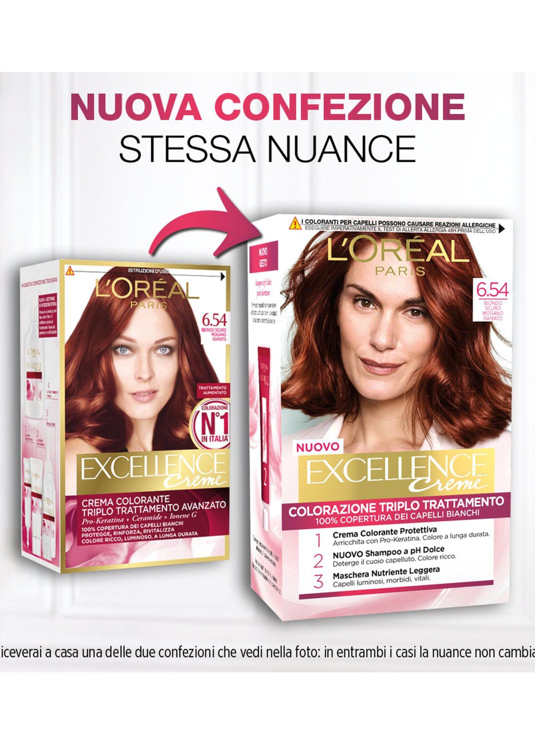 L'Oréal Paris Tinta Capelli Excellence, Copre i capelli bianchi, colore ricco, luminoso e a lunga durata, 6.54 Biondo Scuro Mogano Ramato.