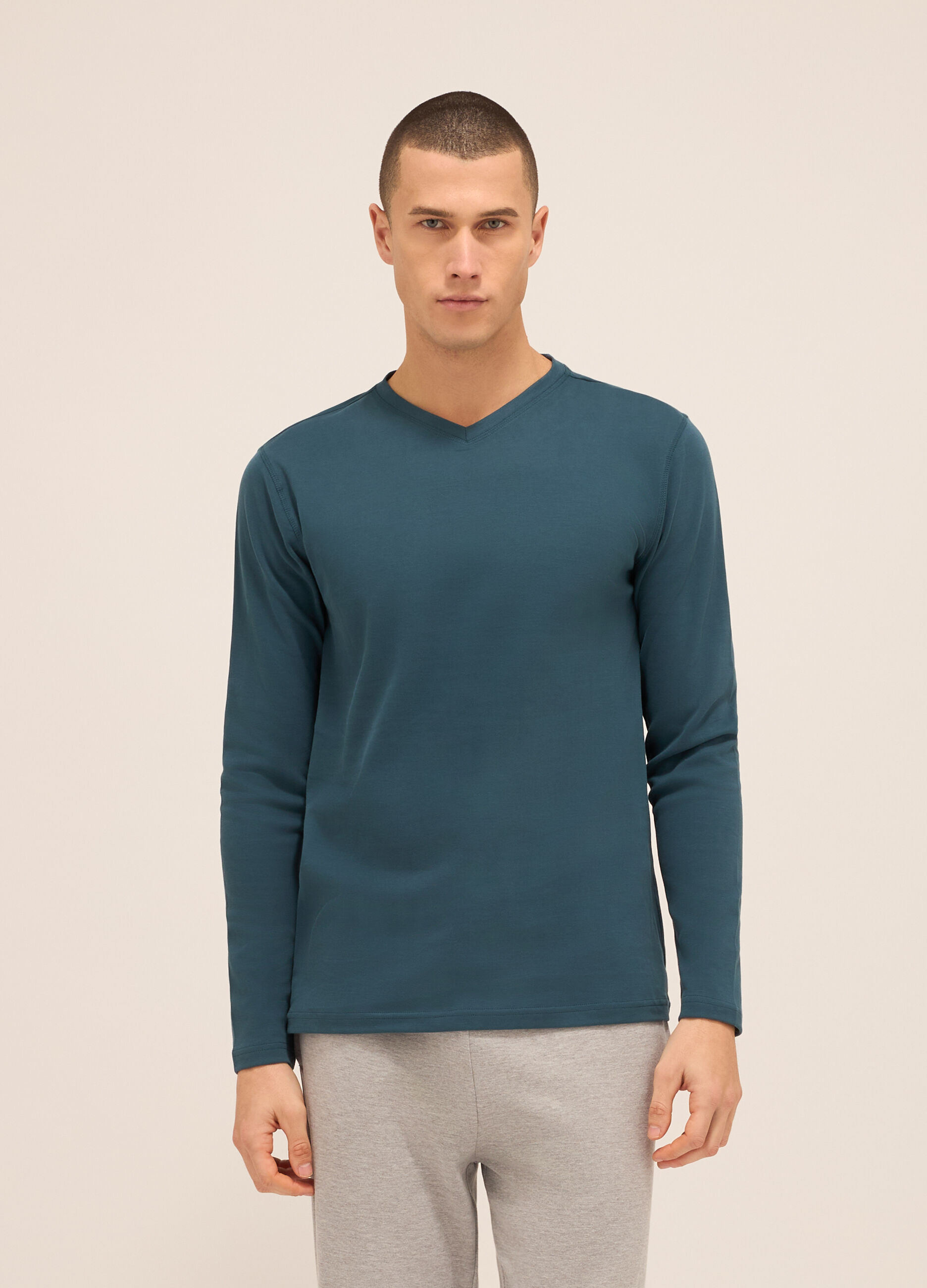 Maglia del pigiama girocollo in puro cotone uomo_0