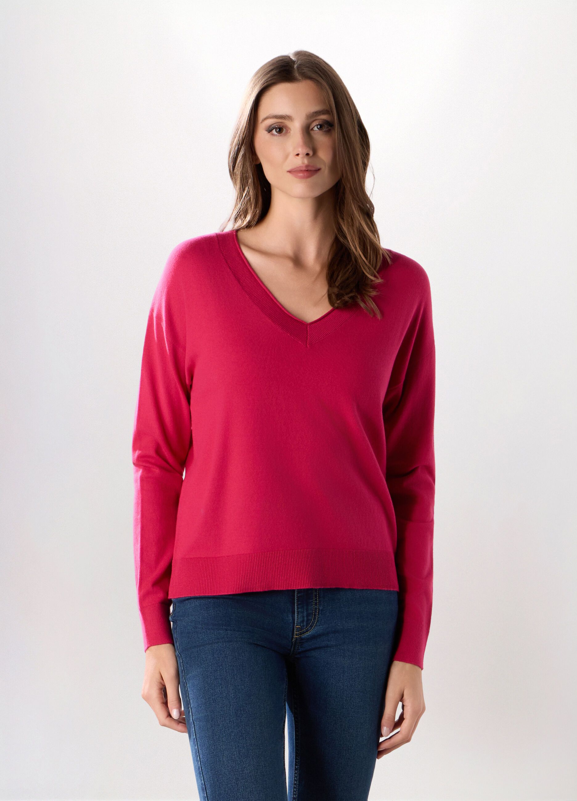 Pullover con scollo a V in misto cotone donna_0