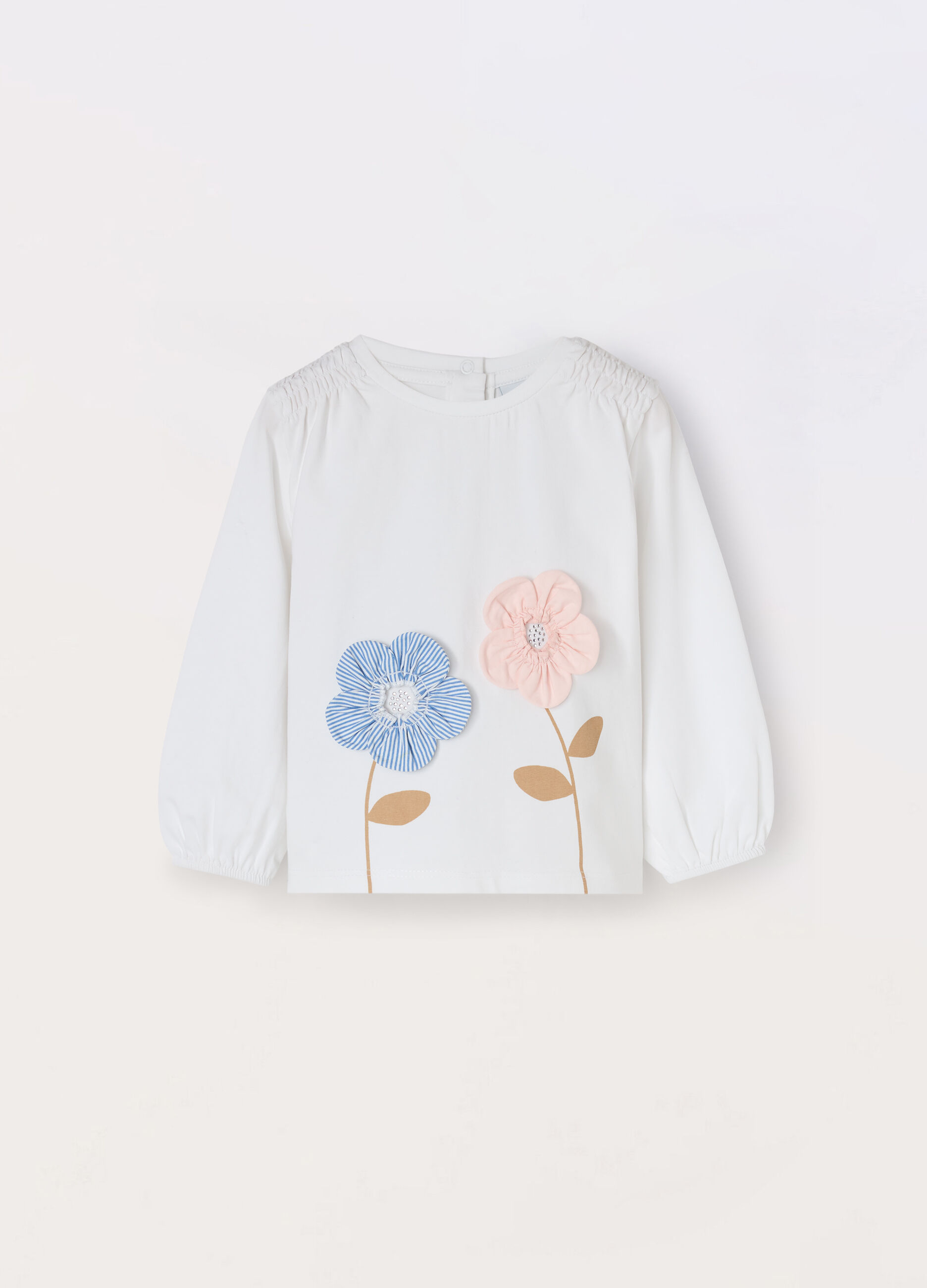 T-shirt in cotone stretch a maniche lunghe con applicazioni neonata_0