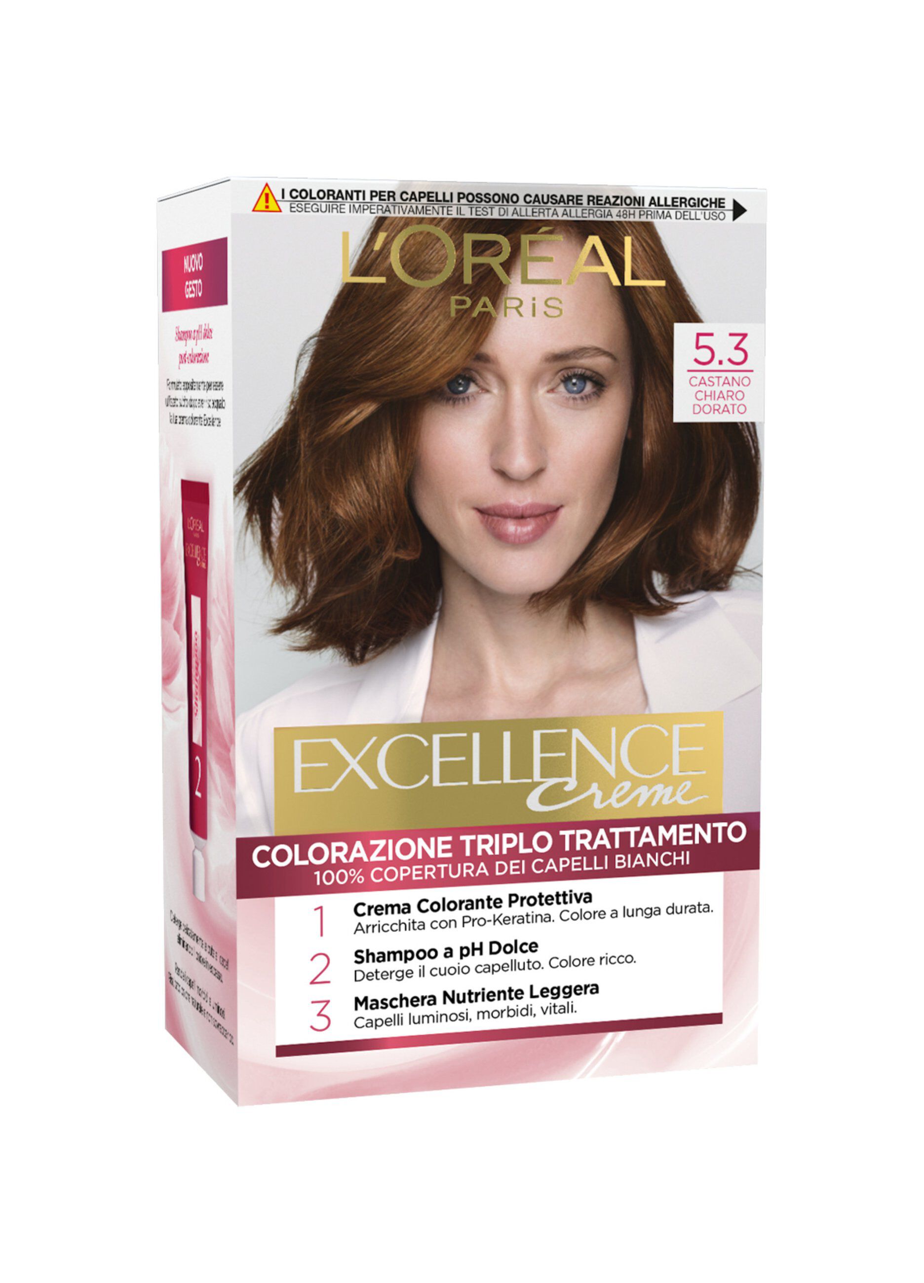 L'Oréal Paris Tinta Capelli Excellence, Copre i capelli bianchi, colore ricco, luminoso e a lunga durata, 5.3 Castano Chiaro Dorato.
