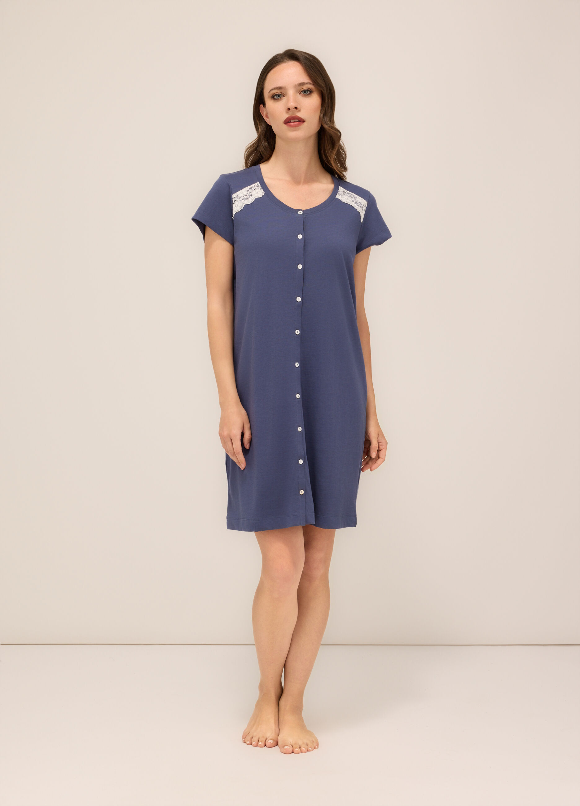 Camicia da notte girocollo in puro cotone donna_0
