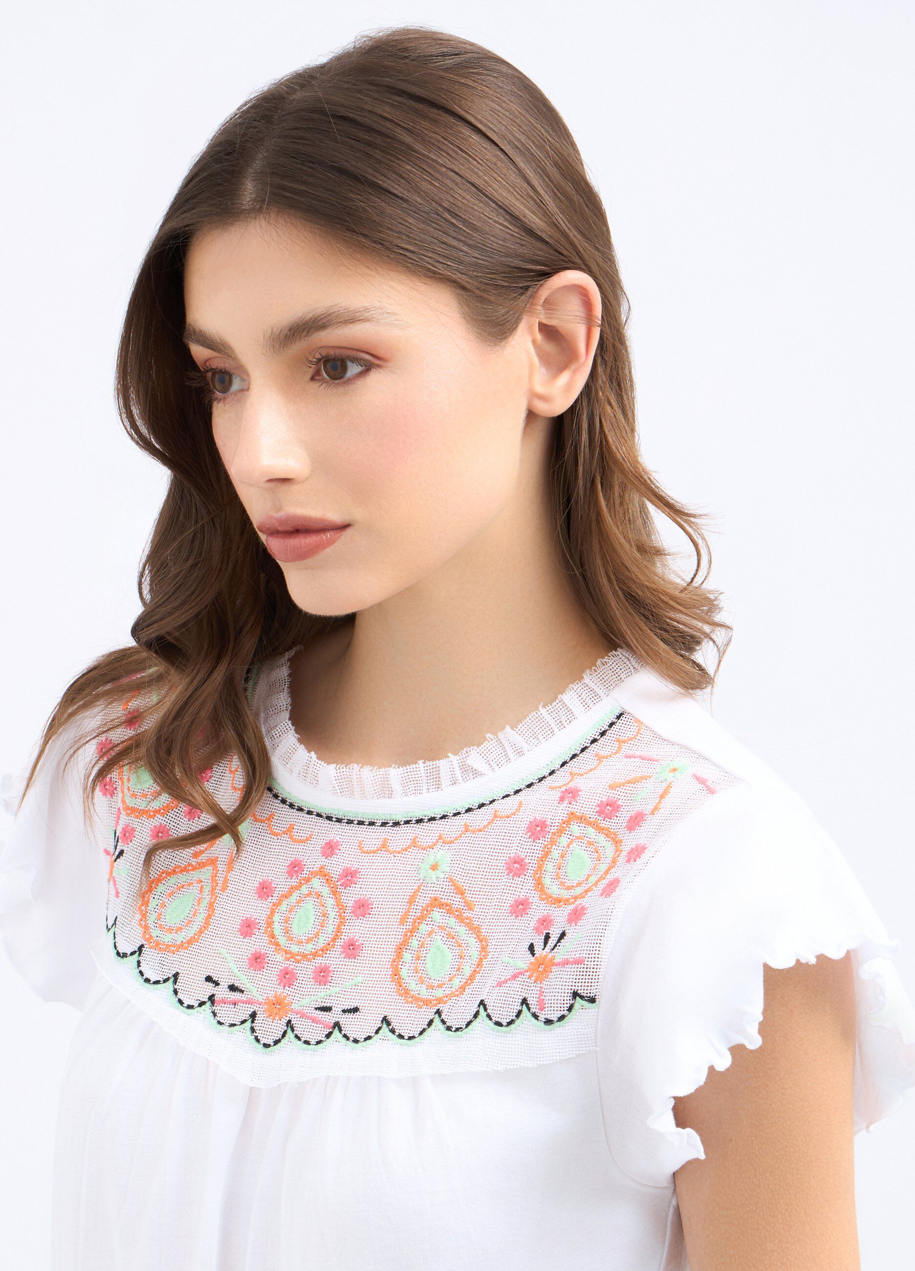 T-shirt con inserto ricamato in puro cotone donna_2