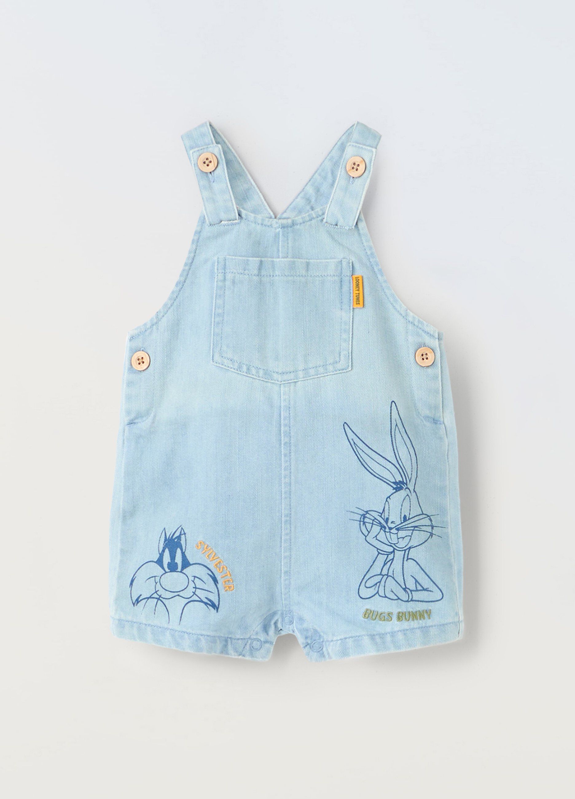 Salopette in denim di puro cotone neonato_0