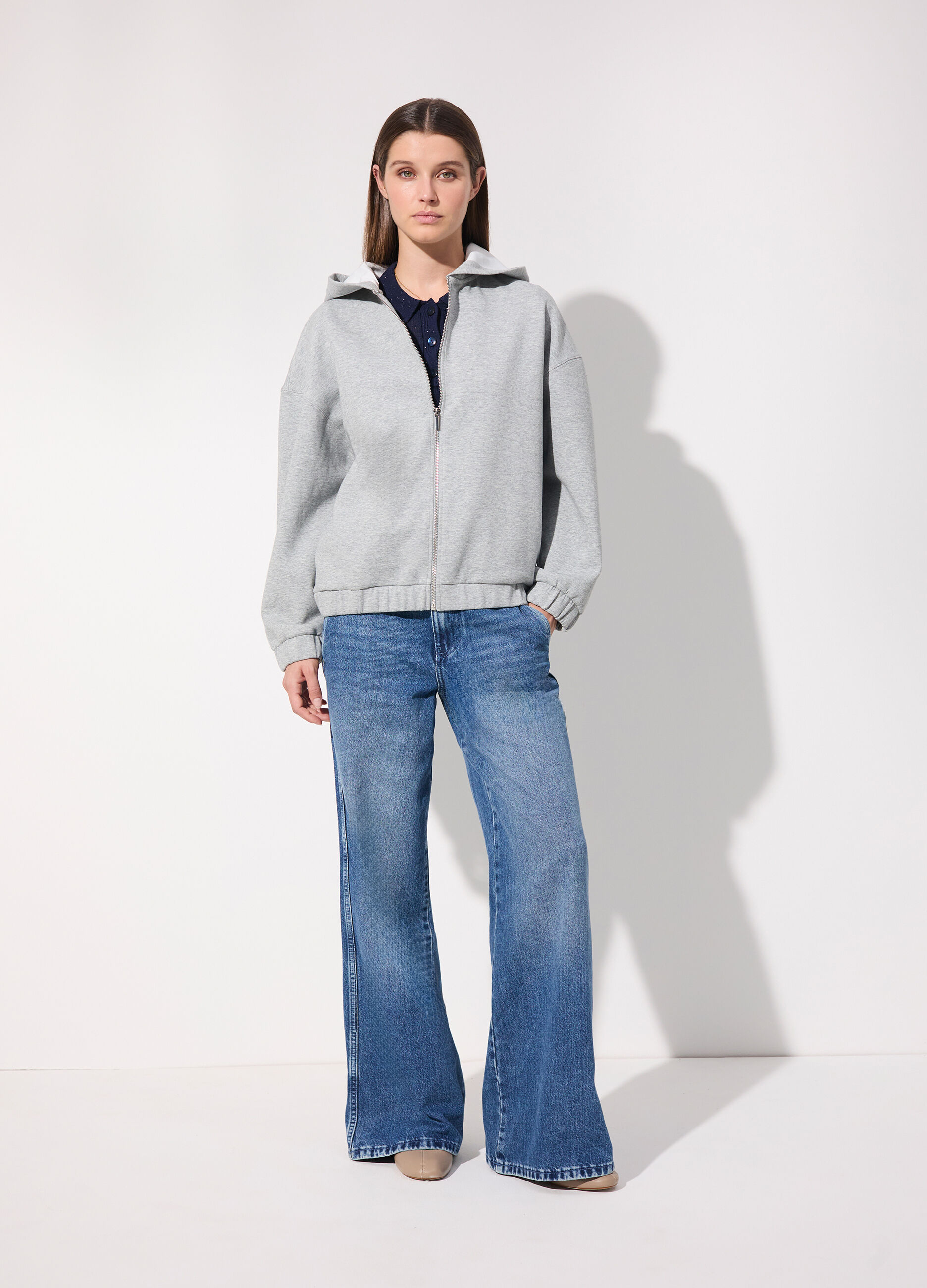 Felpa full zip con cappuccio in misto cotone donna_0