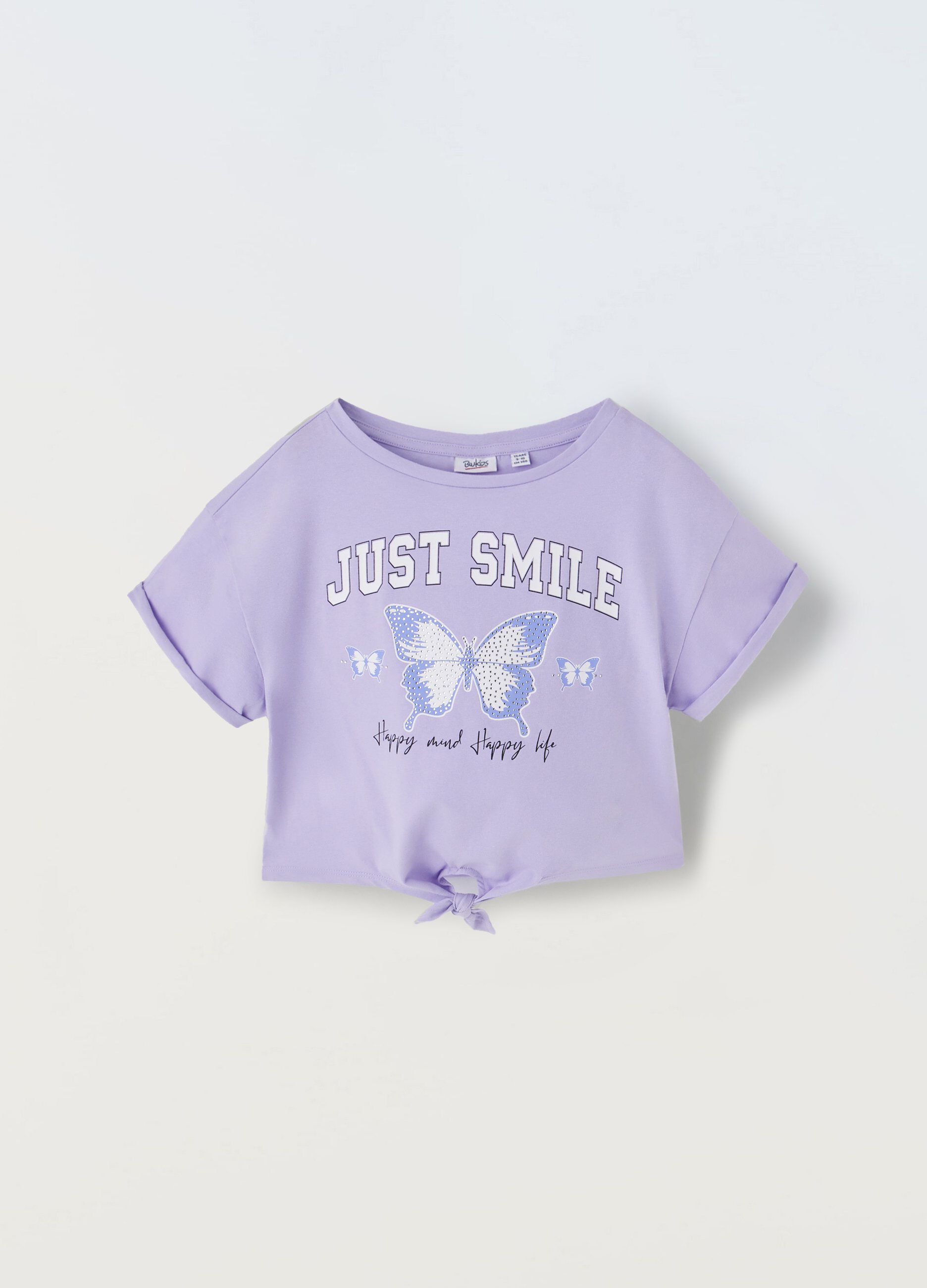T-shirt in puro cotone con strass e nodo ragazza_0