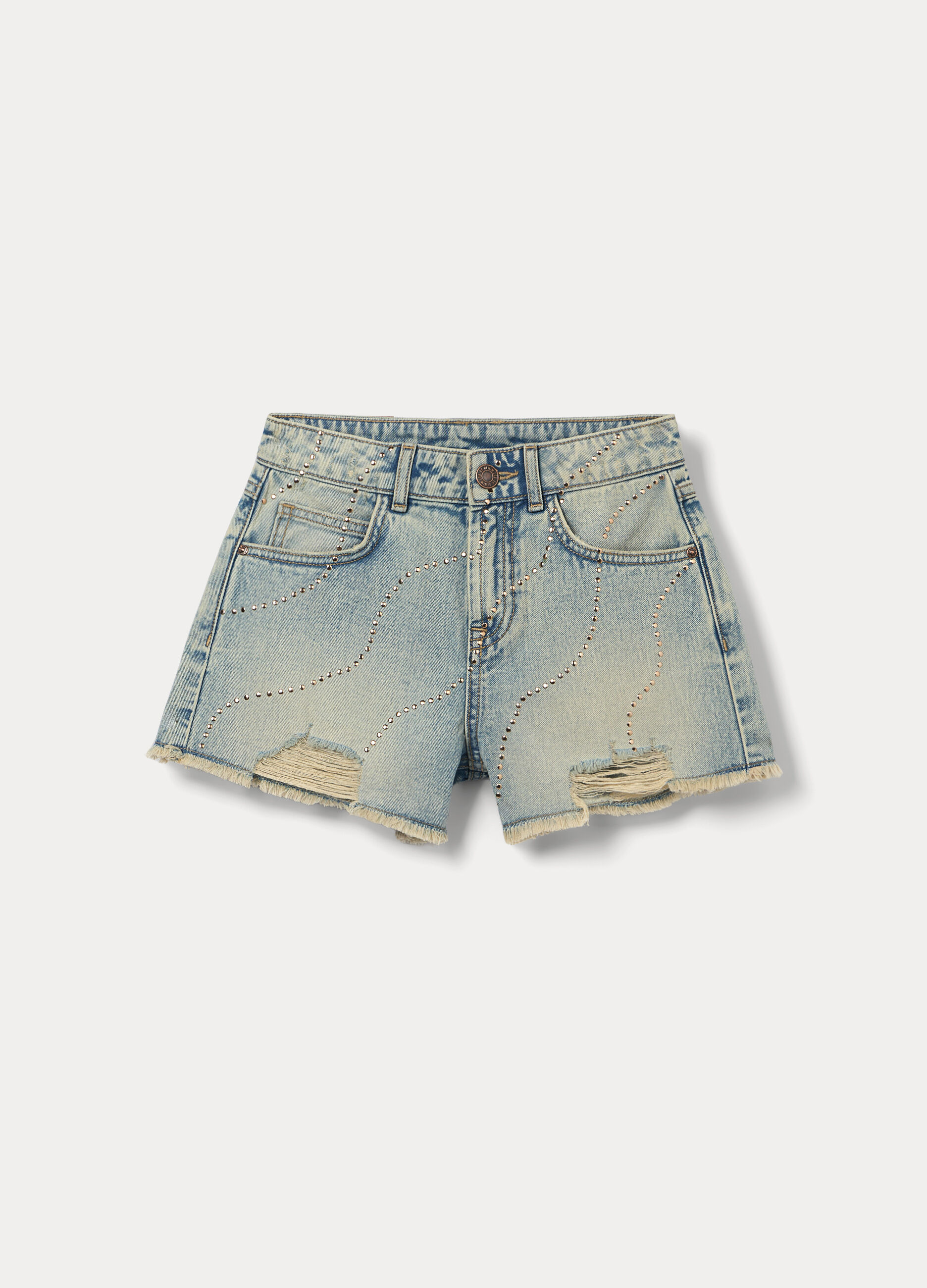 Shorts fit regular ripped in denim di puro cotone ragazza_0