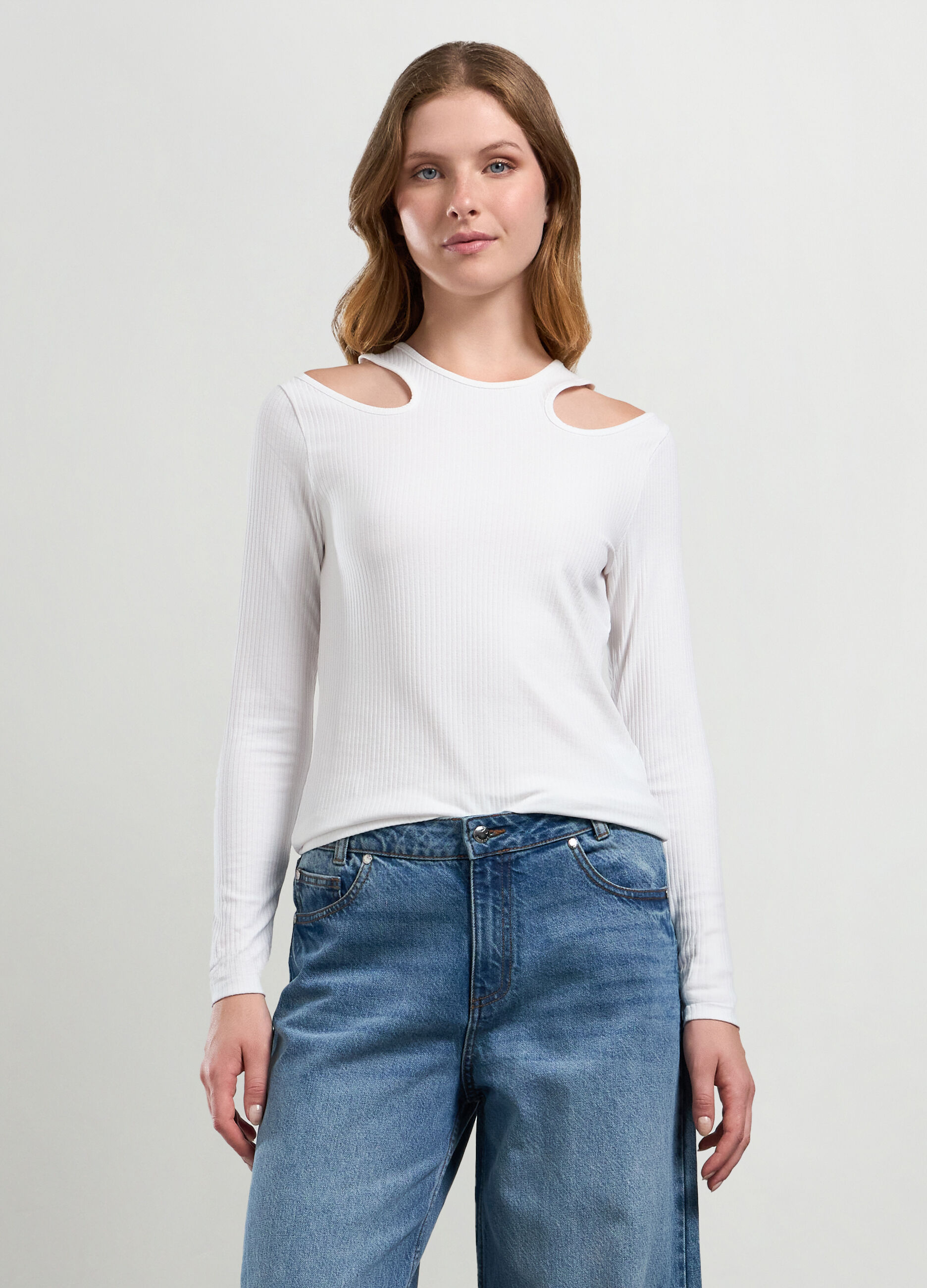T-shirt in costina con cut out donna_0