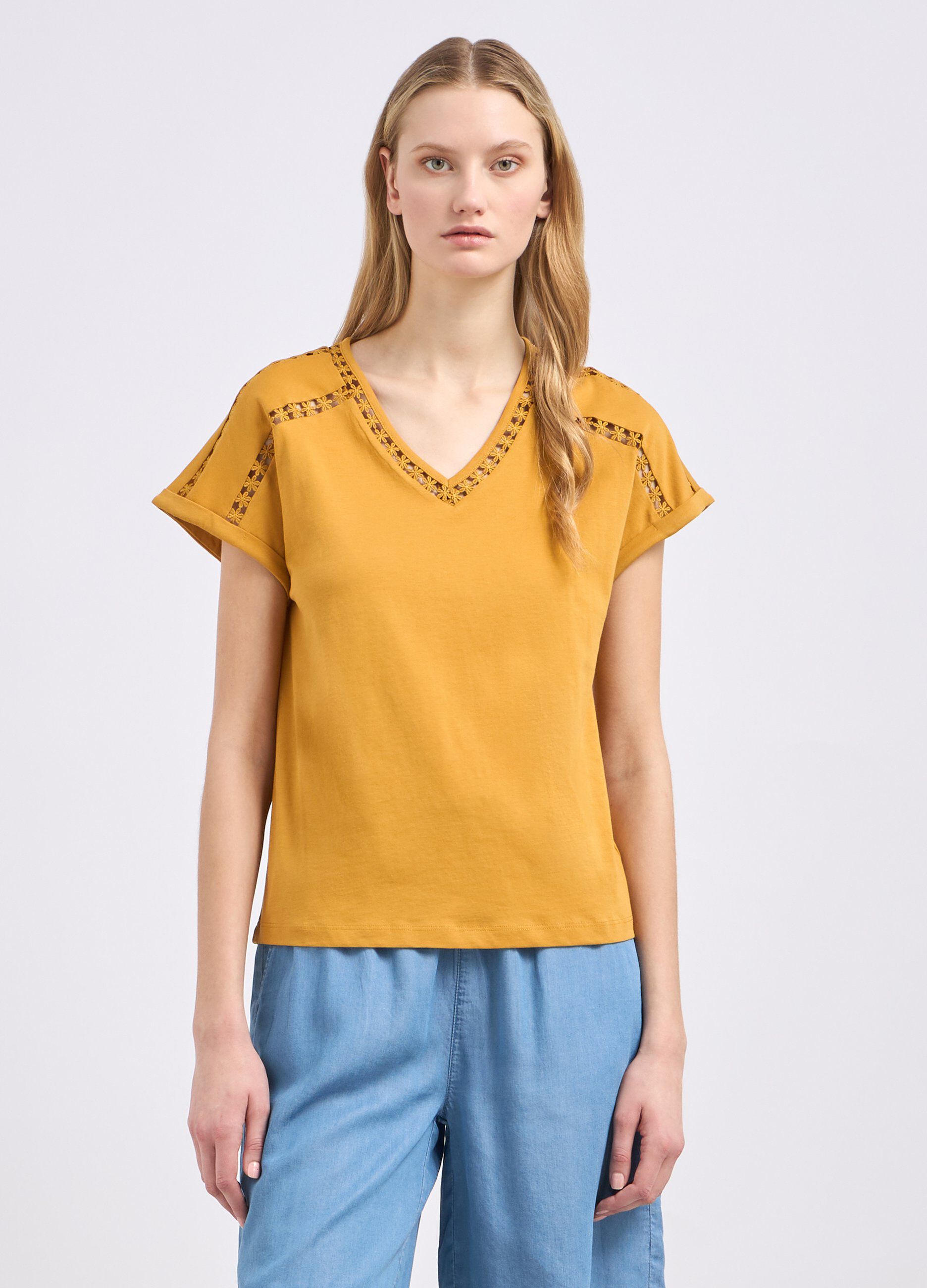 T-shirt in puro cotone con lavorazione donna_0