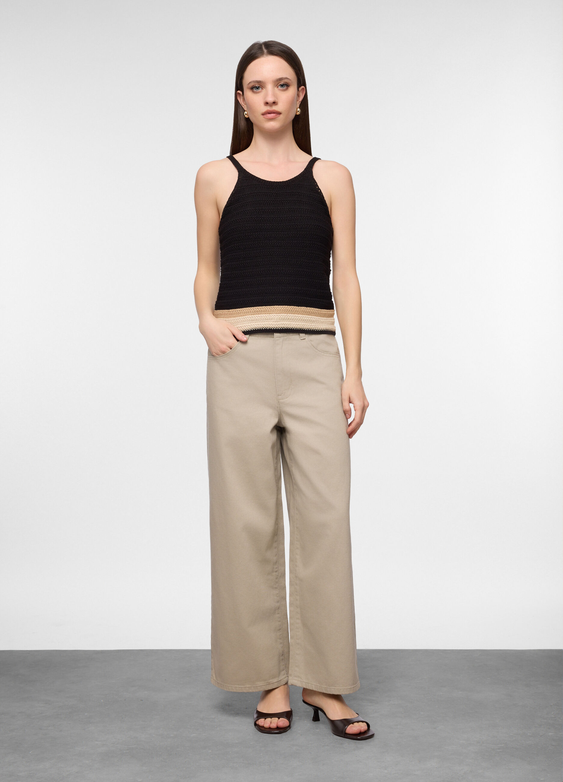 Pantaloni fit culotte in denim di puro cotone donna_0