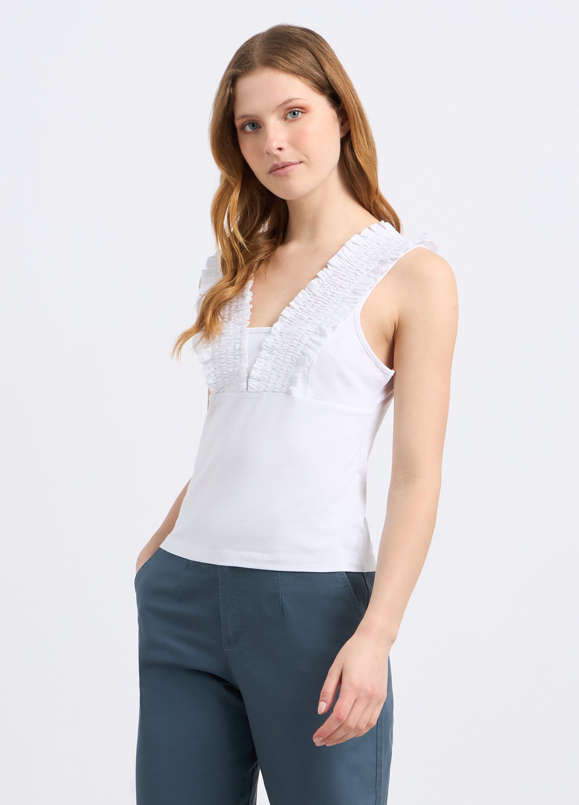 T-shirt in cotone stretch con punto smock donna_0