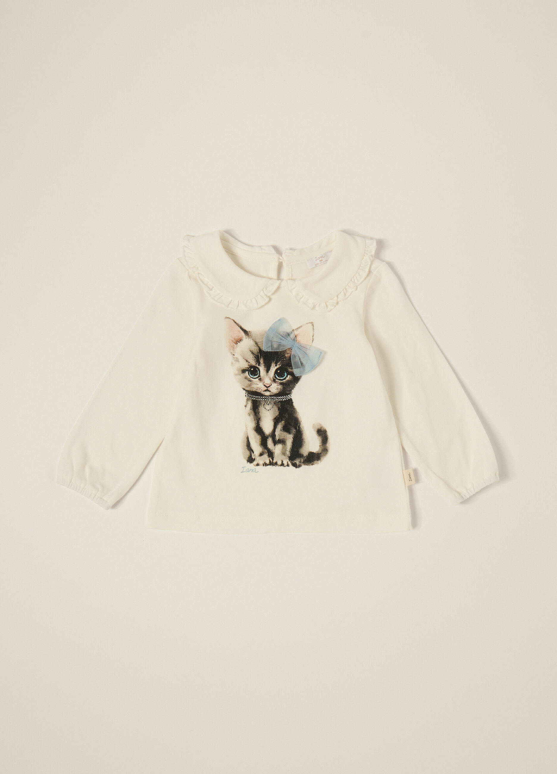 Maglia bianca a maniche lunghe con stampa di gatto_1