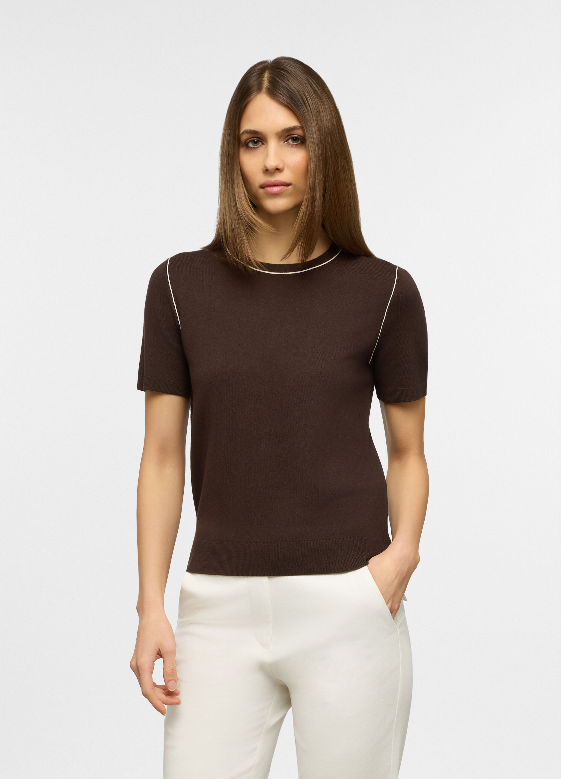 T-shirt girocollo in maglia rasata donna_0
