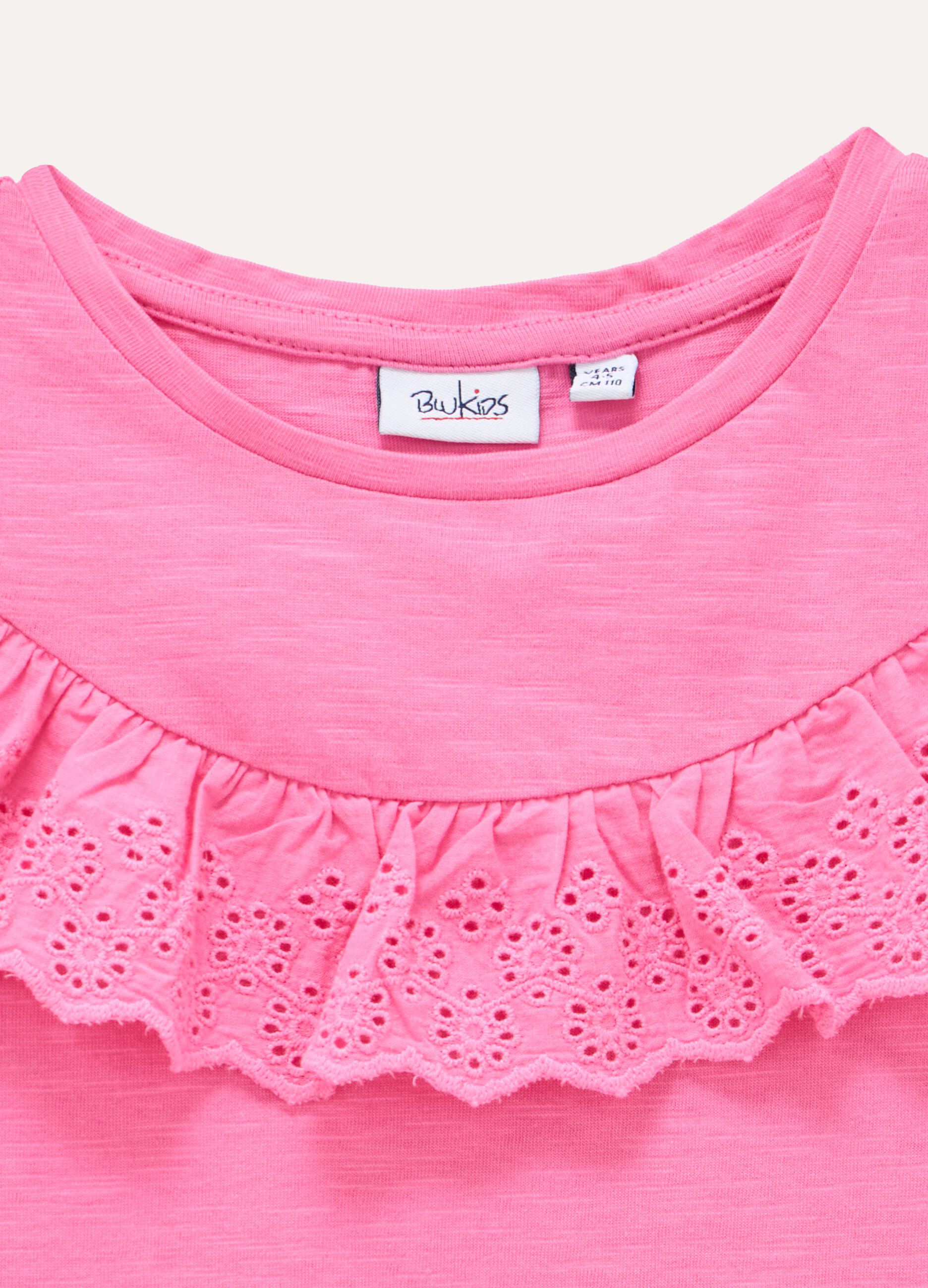 T-shirt in puro cotone con rouches in sangallo bambina_1