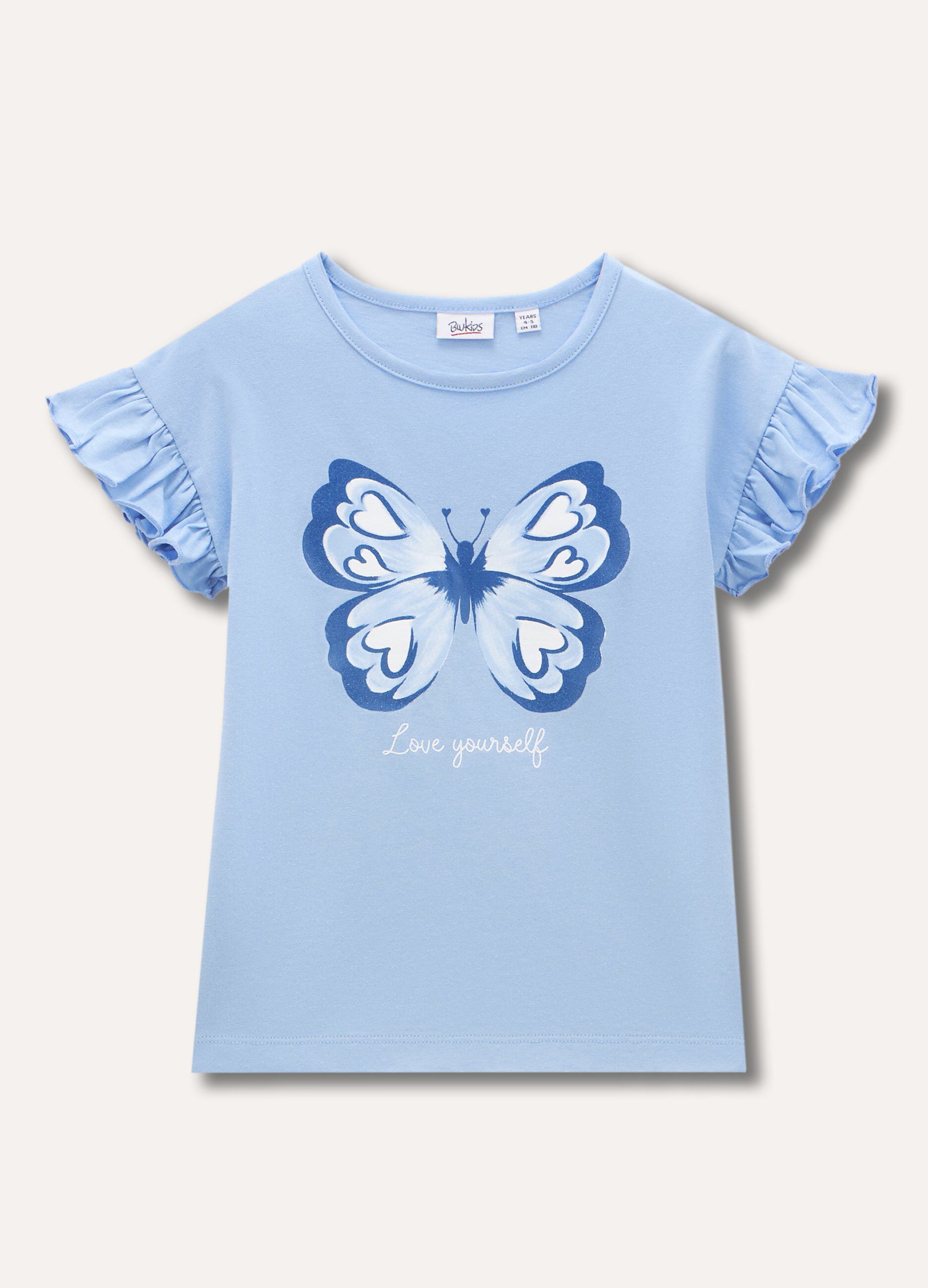 T-shirt in puro cotone con rouches e stampa bambina_0