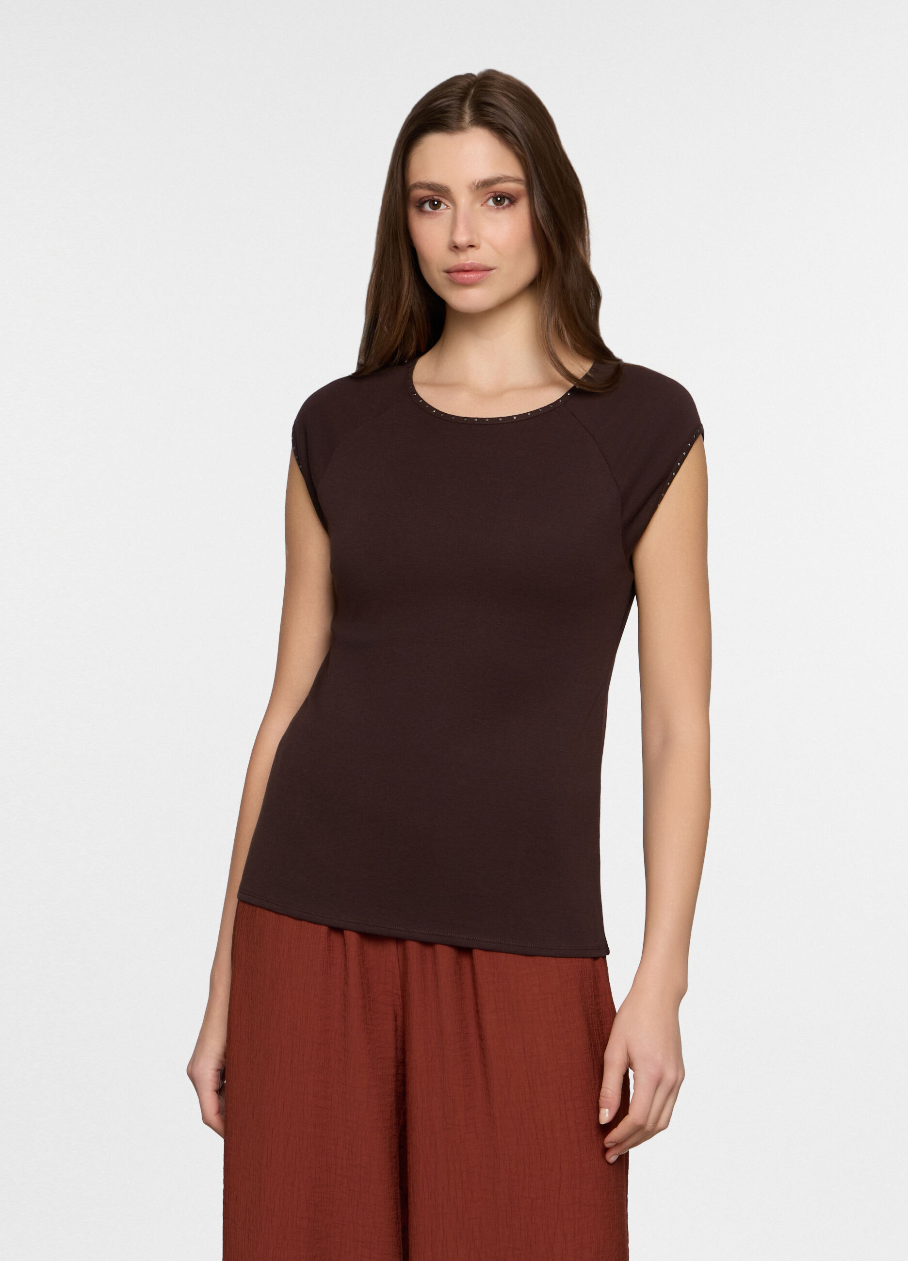 T-shirt girocollo in costina donna_0