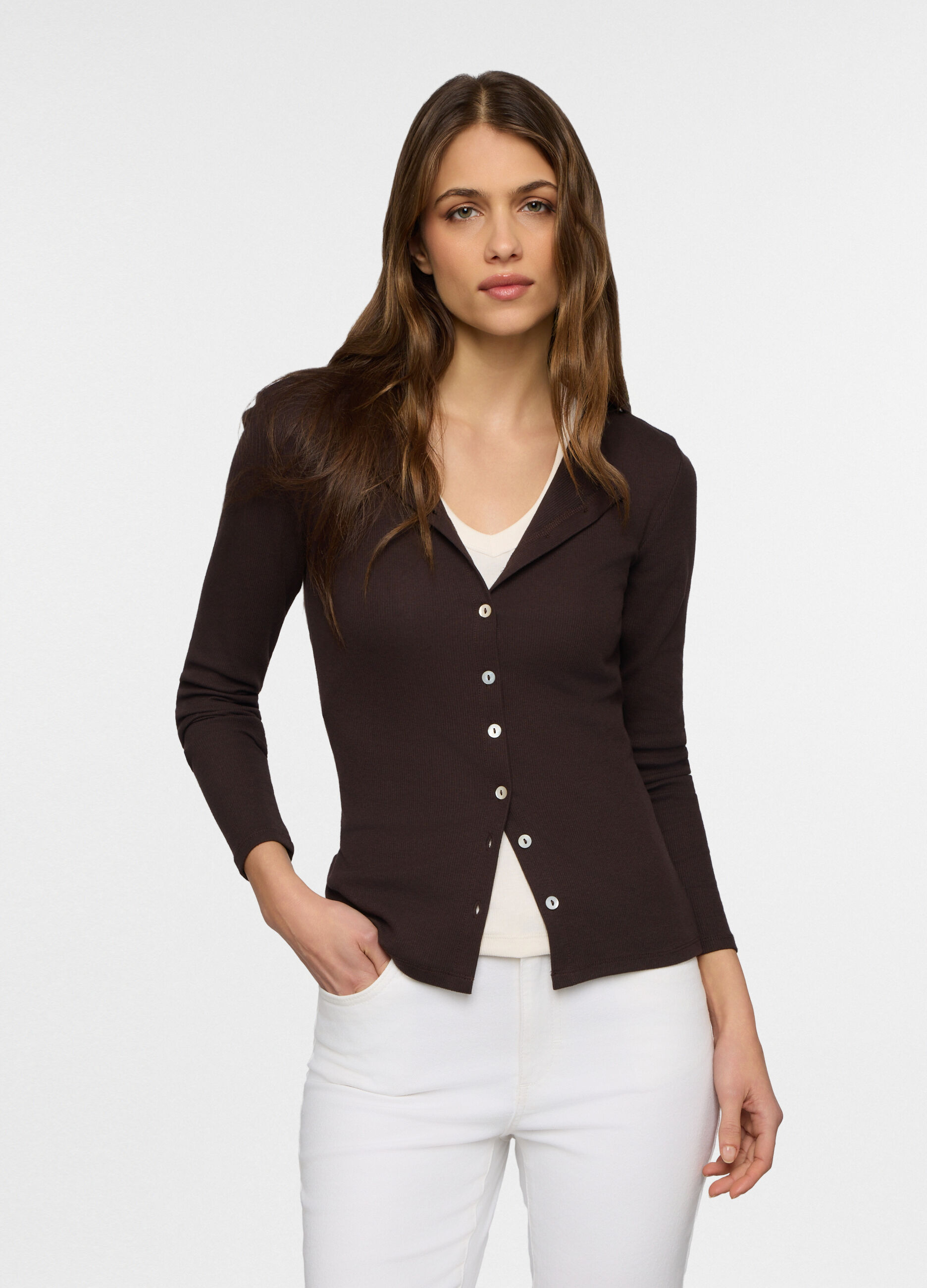 Cardigan girocollo in costina stretch donna_0