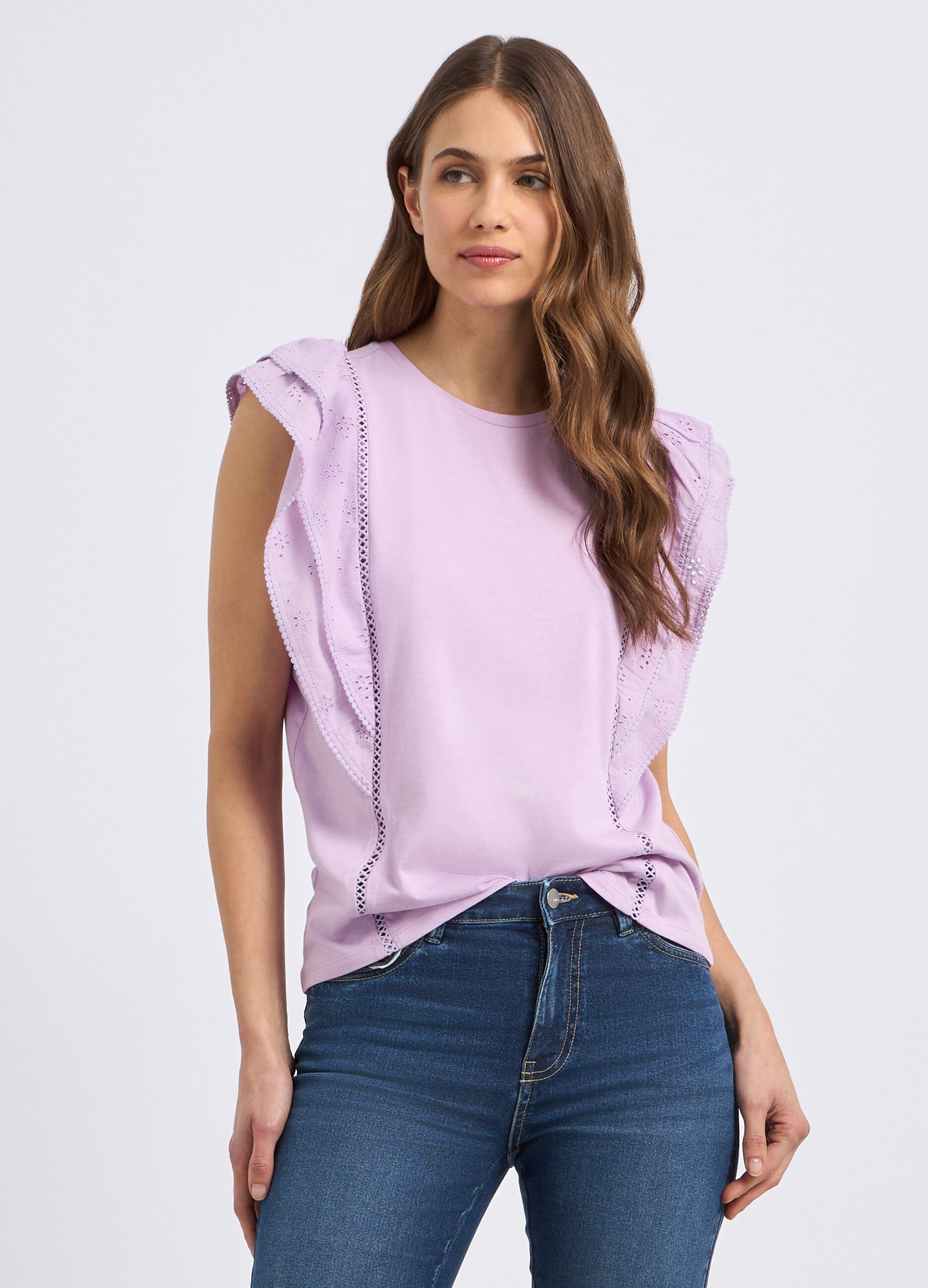 T-shirt in puro cotone con inserti in sangallo donna_0