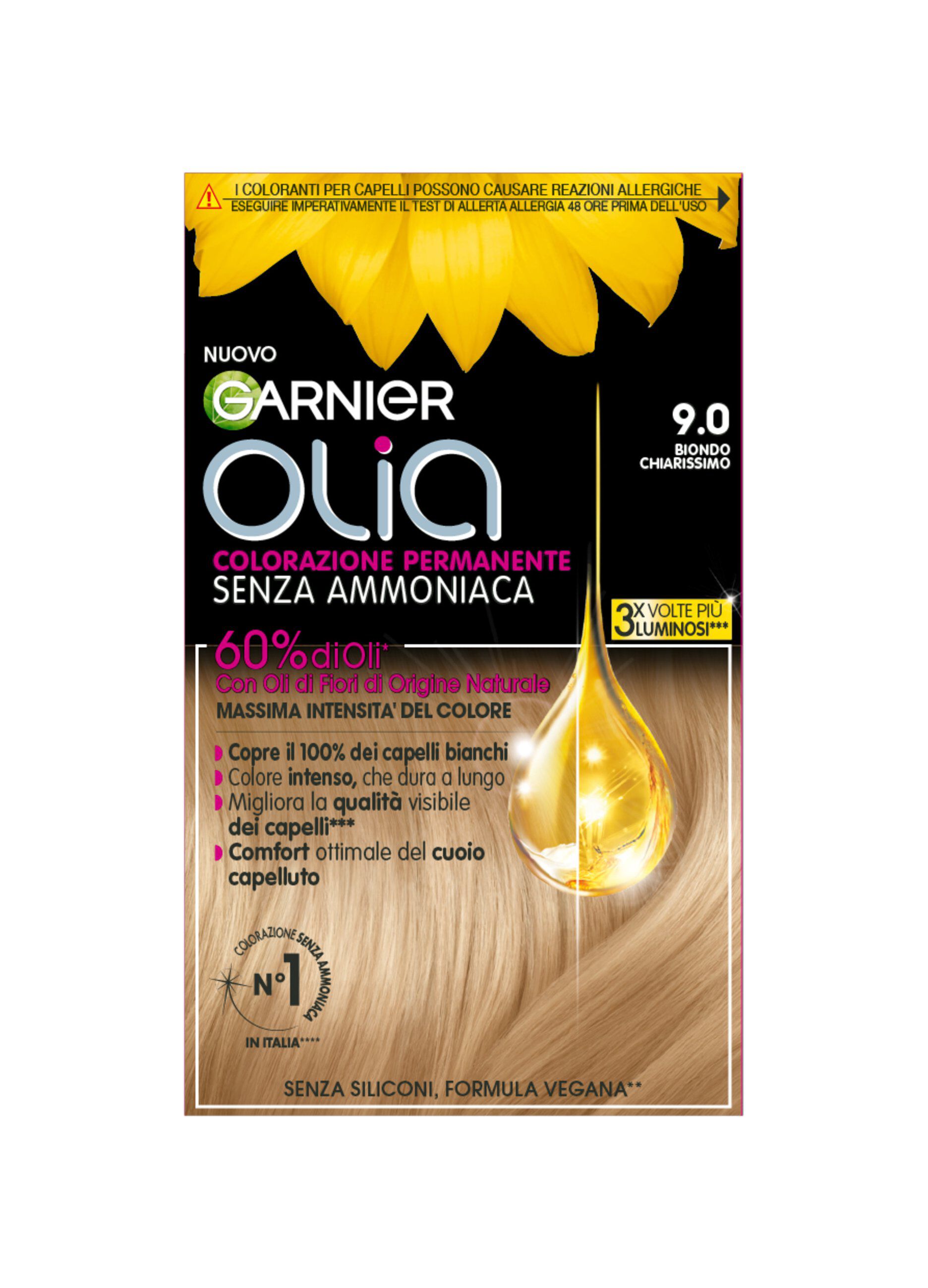 Garnier Tinta Capelli Olia, Colorazione permanente senza ammoniaca per una fragranza delicata, copre il 100% dei capelli bianchi, Con oli di fiori di origine naturale, Biondo Chiarissimo (9.0)._0