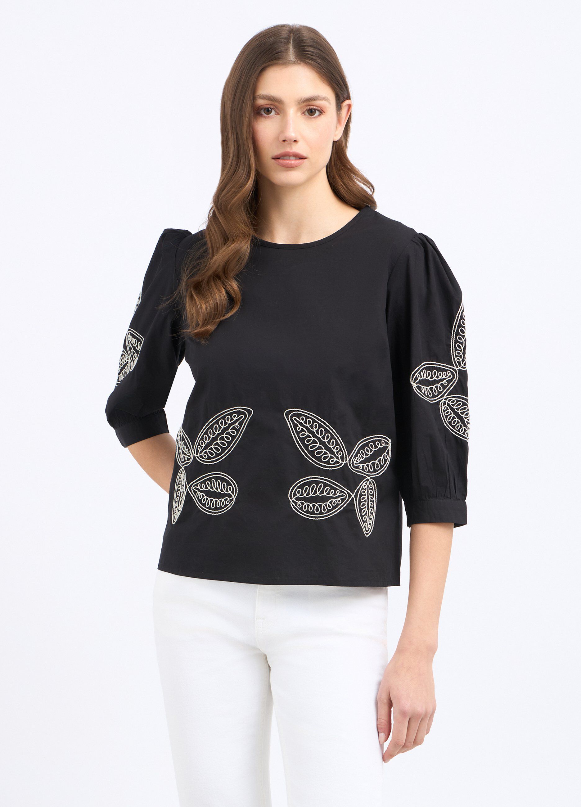 Blusa in puro cotone con ricamo a contrasto donna_0