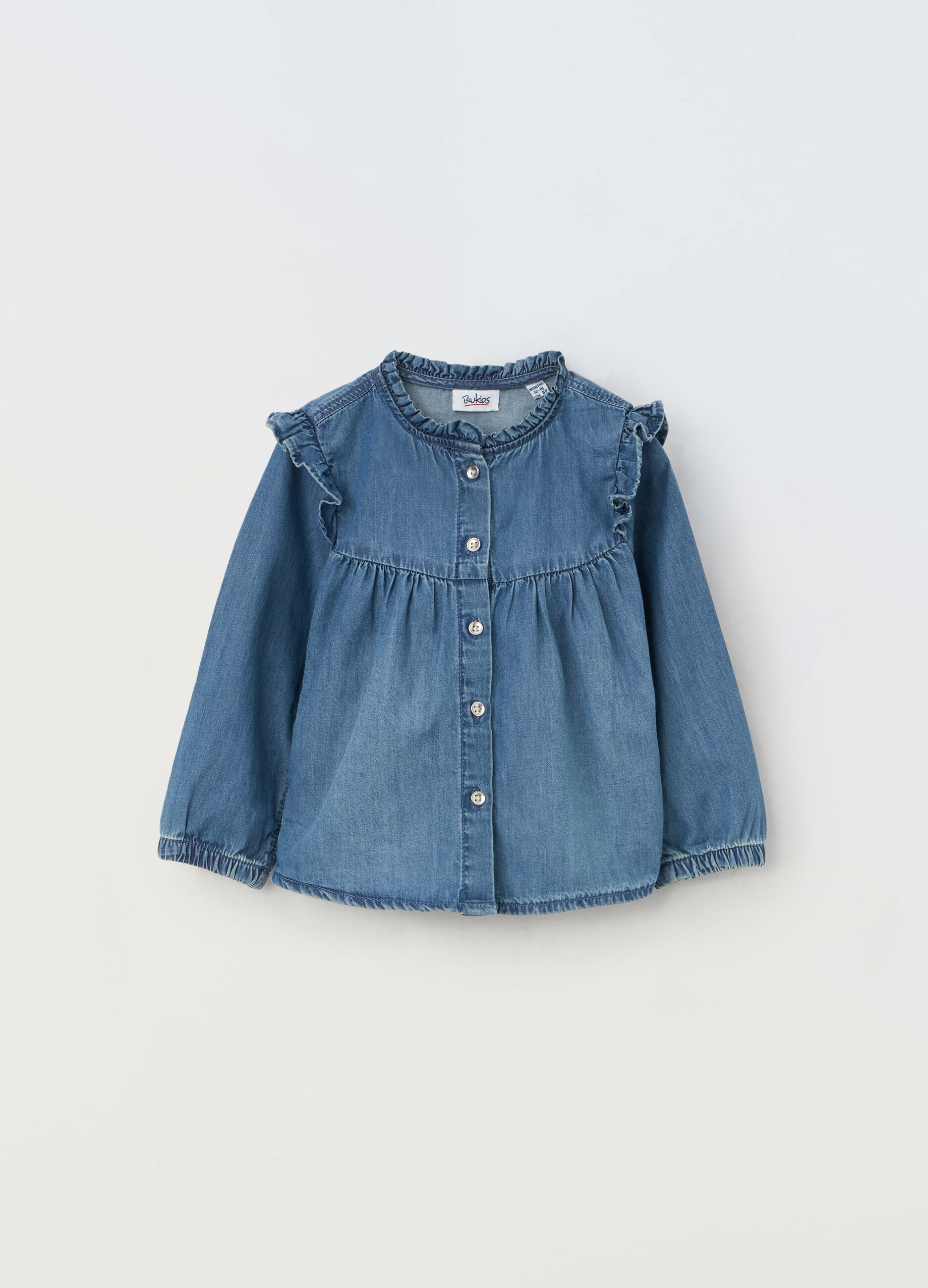 Camicia in denim di puro cotone con rouches neonata