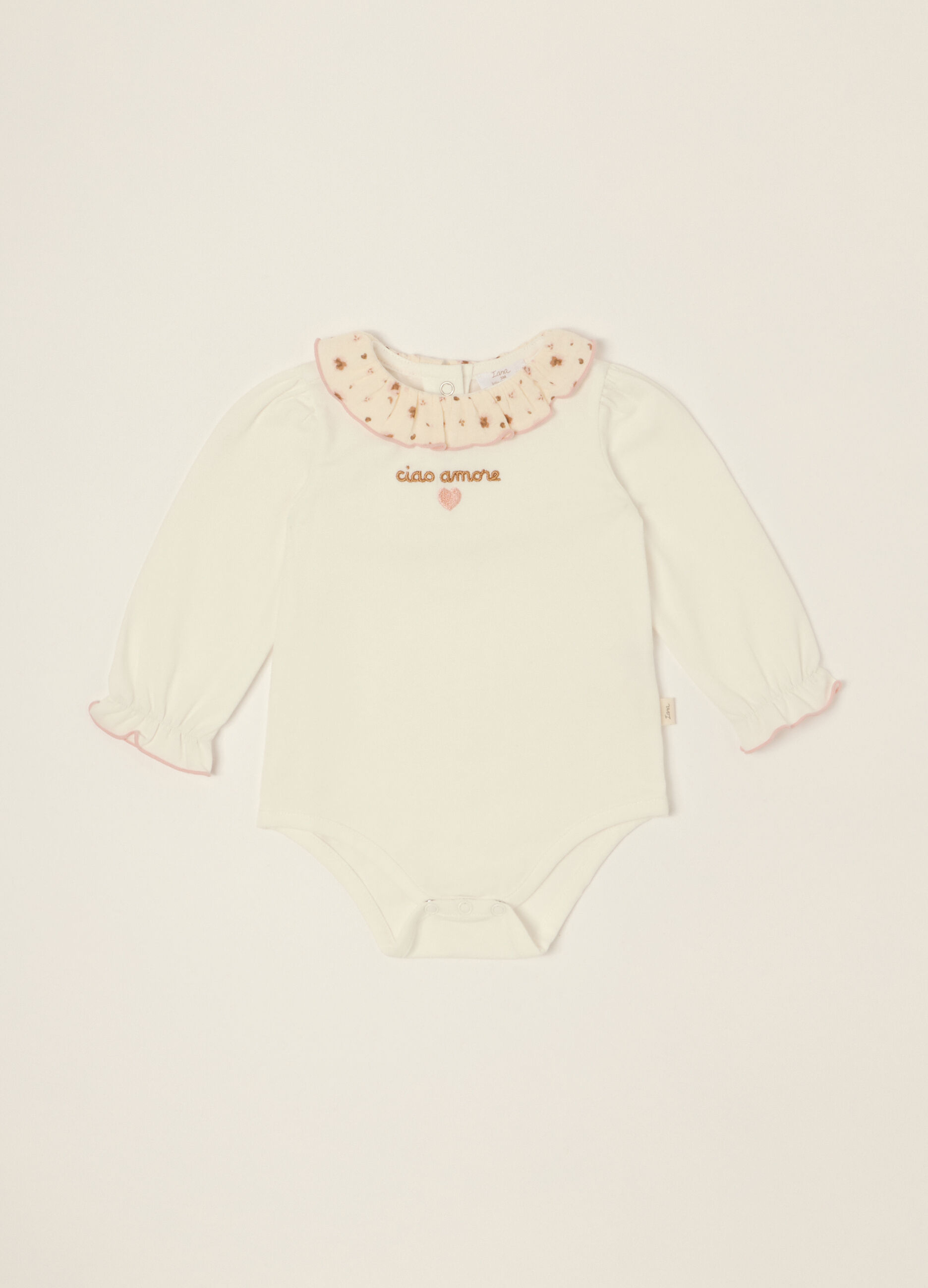 Body bianco in cotone elasticizzato con colletto decorato_0