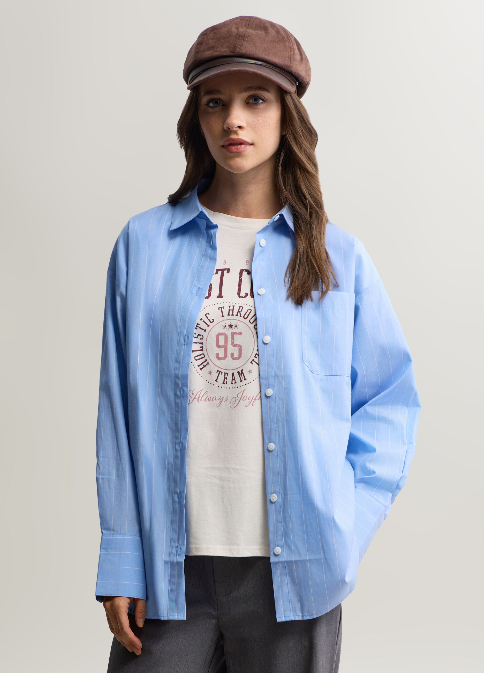 Camicia Fit Over con colletto alla francese in popeline di puro cotone donna_0