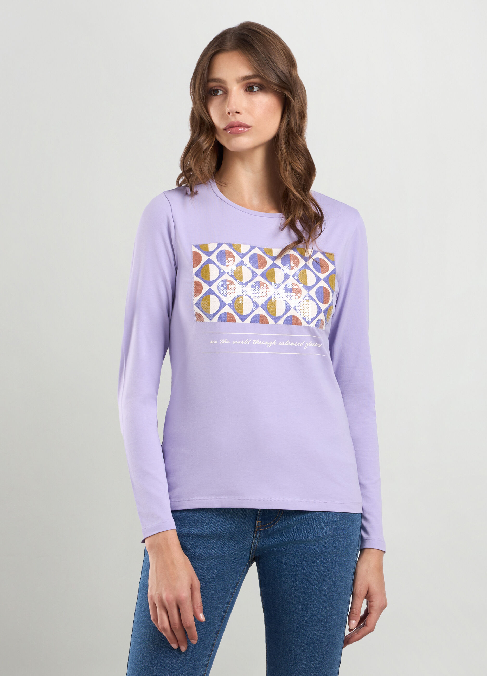 T-shirt in jersey di cotone stretch con paillettes donna_0