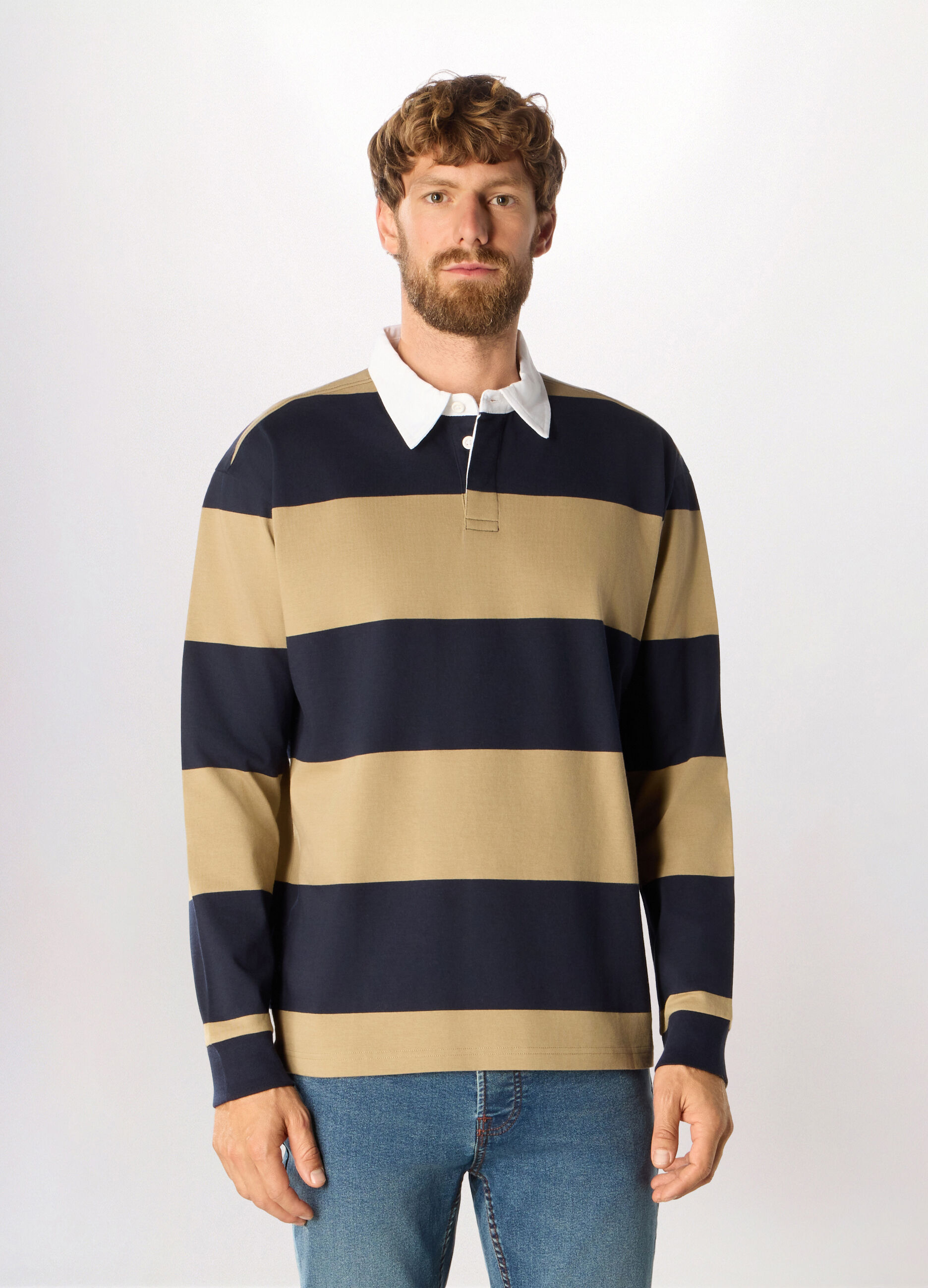 Polo a maniche lunghe in cotone a righe uomo_0