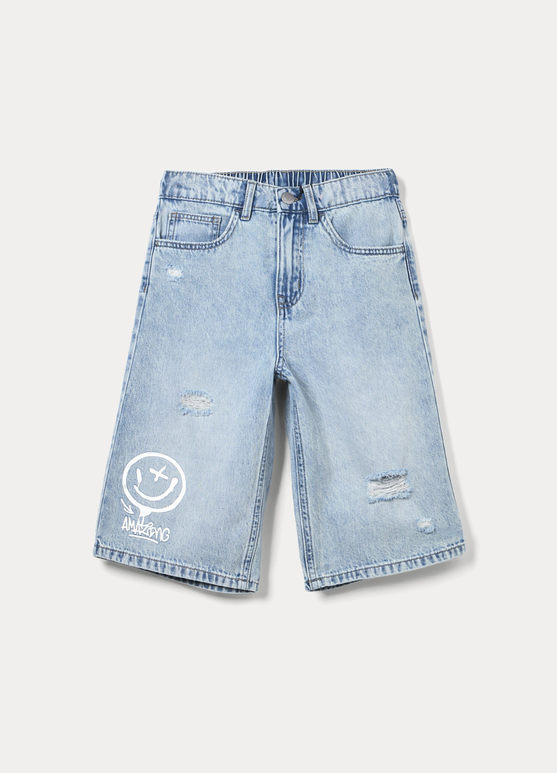 Shorts in denim ripped misto cotone ragazzo_0